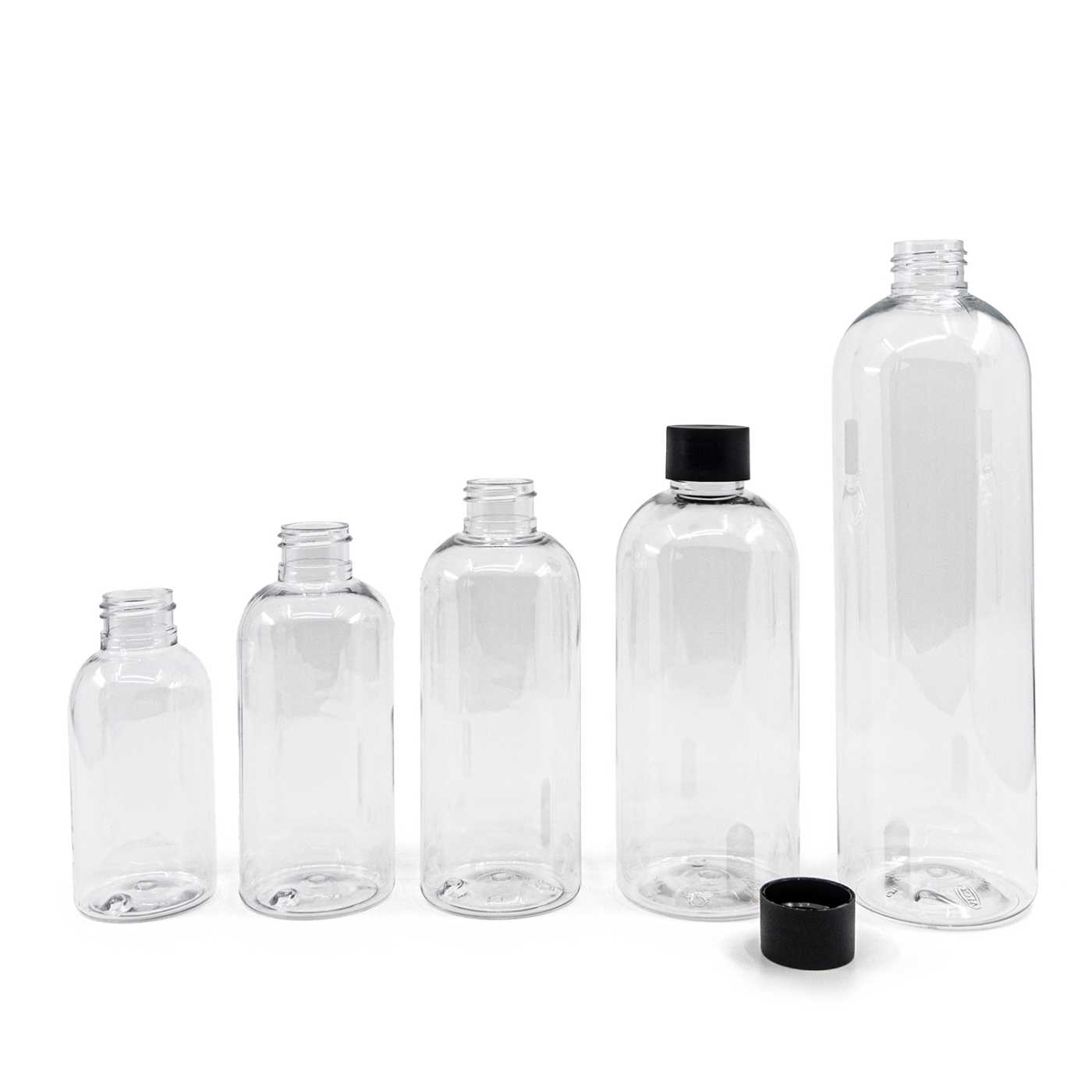 Plastová fľaša priehľadná okrúhla, 24/410, matný čierny vrchnák, 100 ml