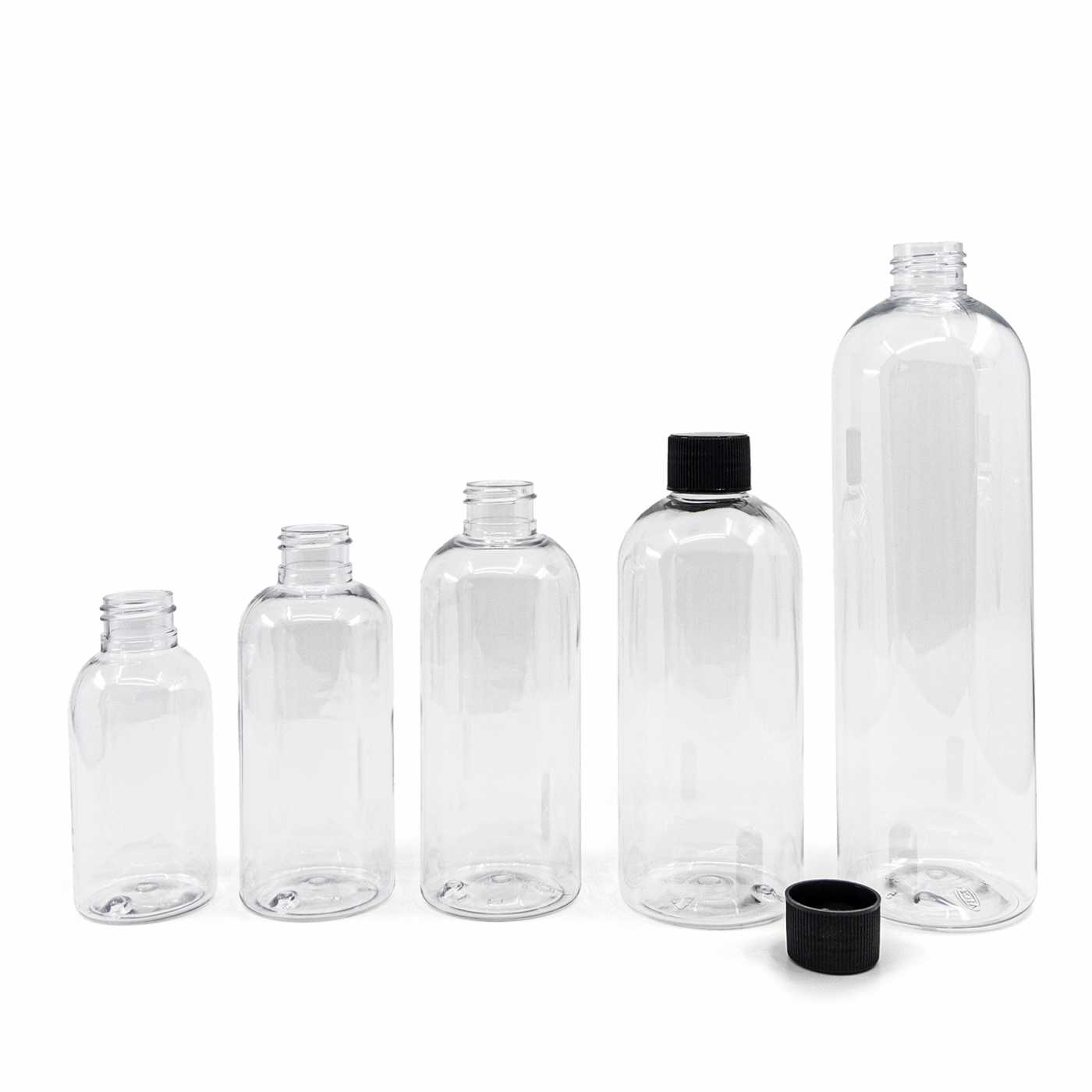 Plastová fľaša priehľadná okrúhla, čierny vrúbkovaný vrchnák, 100 ml