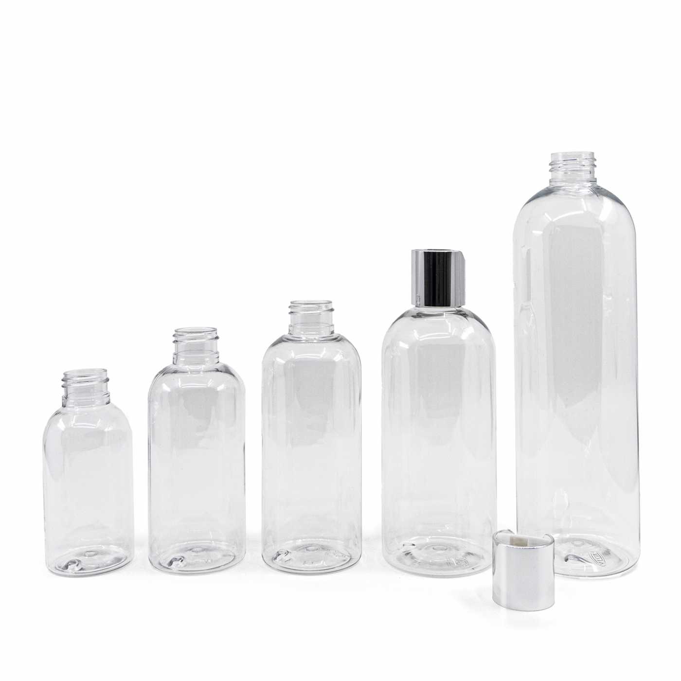 Plastová fľaša priehľadná okrúhla, strieborný disc top, 100 ml