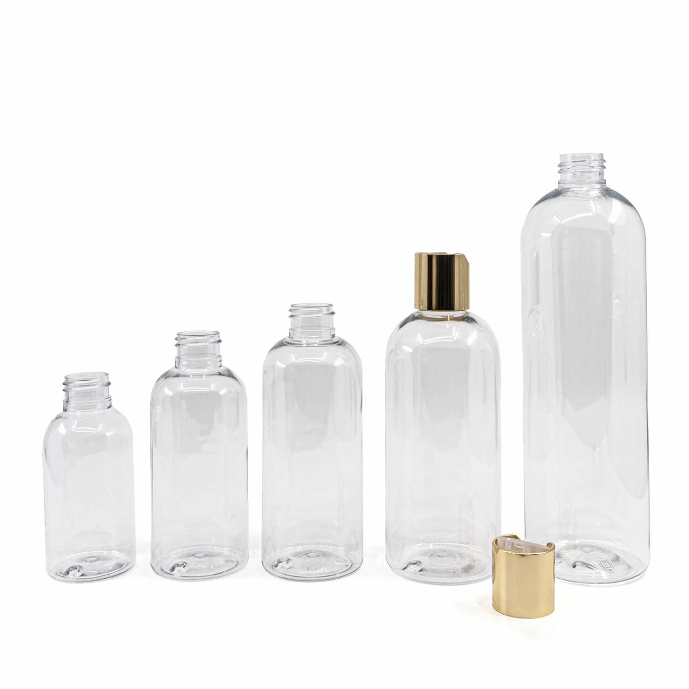 Plastová fľaša priehľadná okrúhla, zlatý disc top, 100 ml