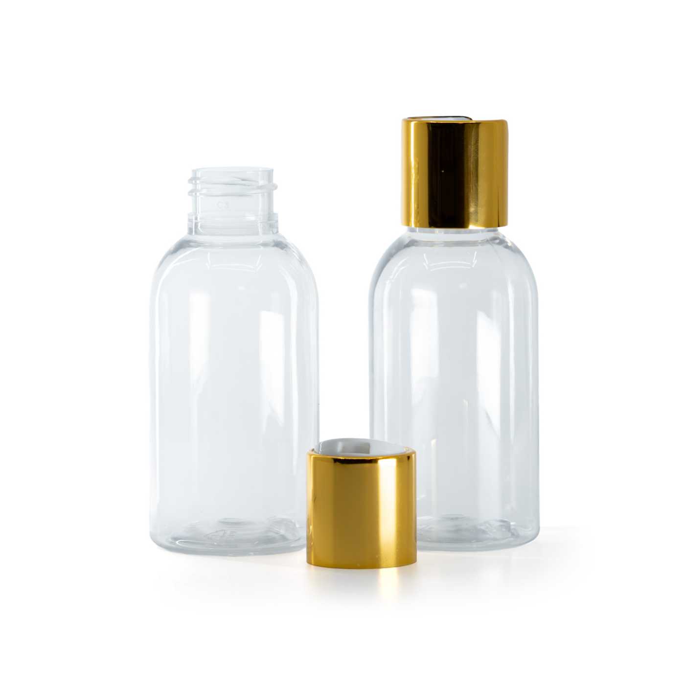 Plastová fľaša priehľadná okrúhla, disc top vrchnák, zlatý, biely stred, 100 ml