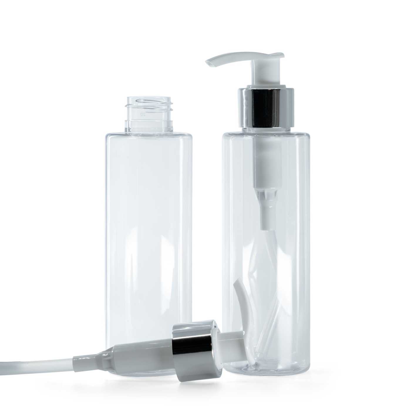 Plastová fľaša priehľadná, bielo-strieborný dávkovač, 150 ml