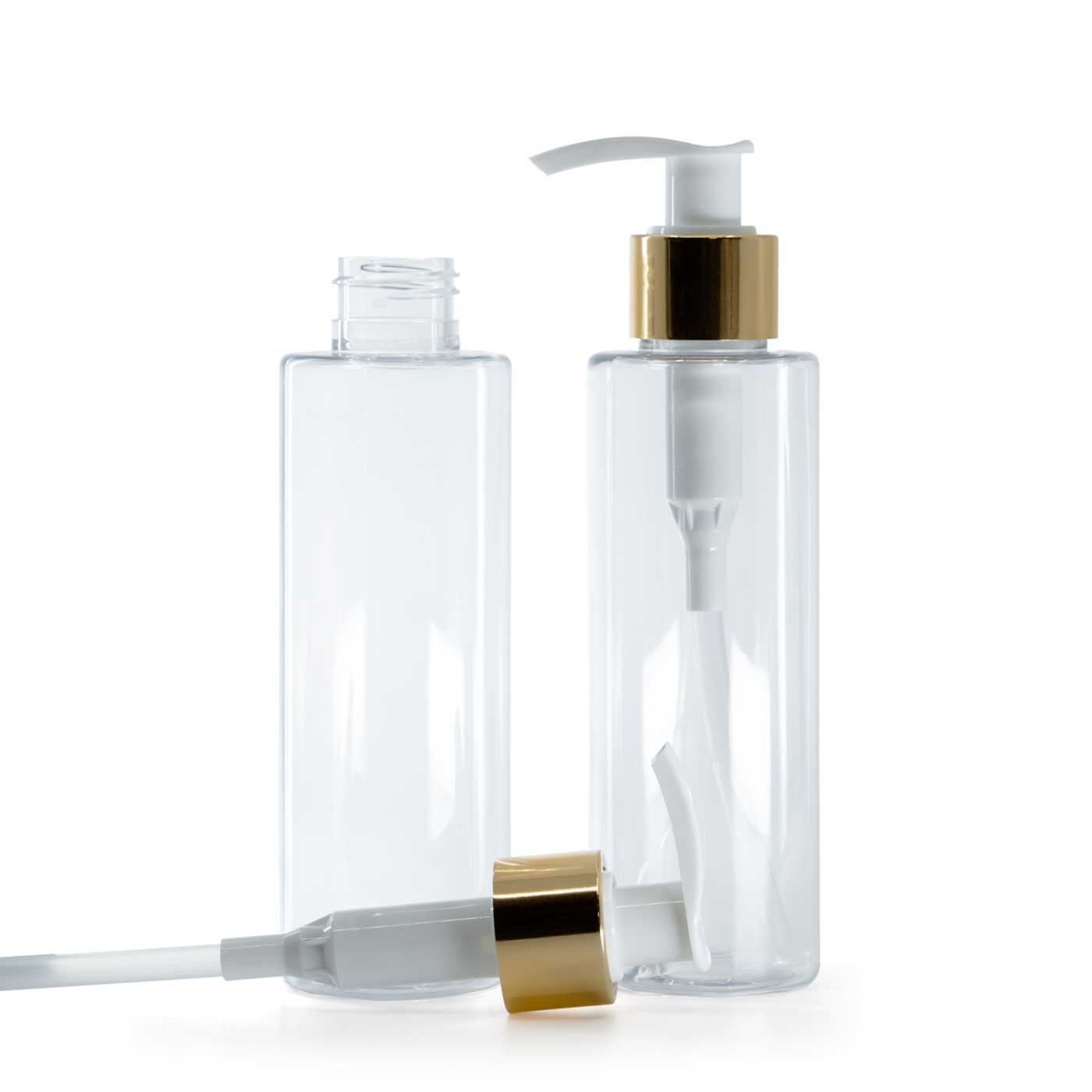 Plastová fľaša priehľadná, bielo-zlatý dávkovač, 150 ml