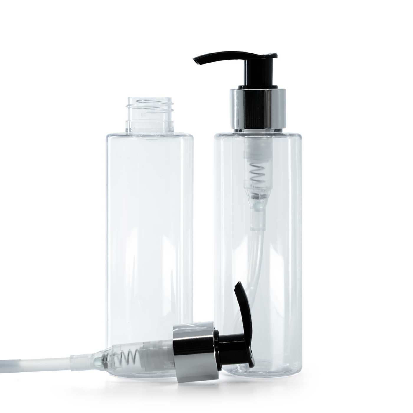 Plastová fľaša priehľadná, čierno-strieborný dávkovač, 150 ml