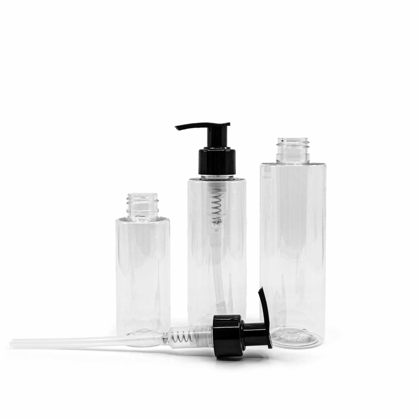 Plastová fľaša, priehľadná, čierny dávkovač 150 ml