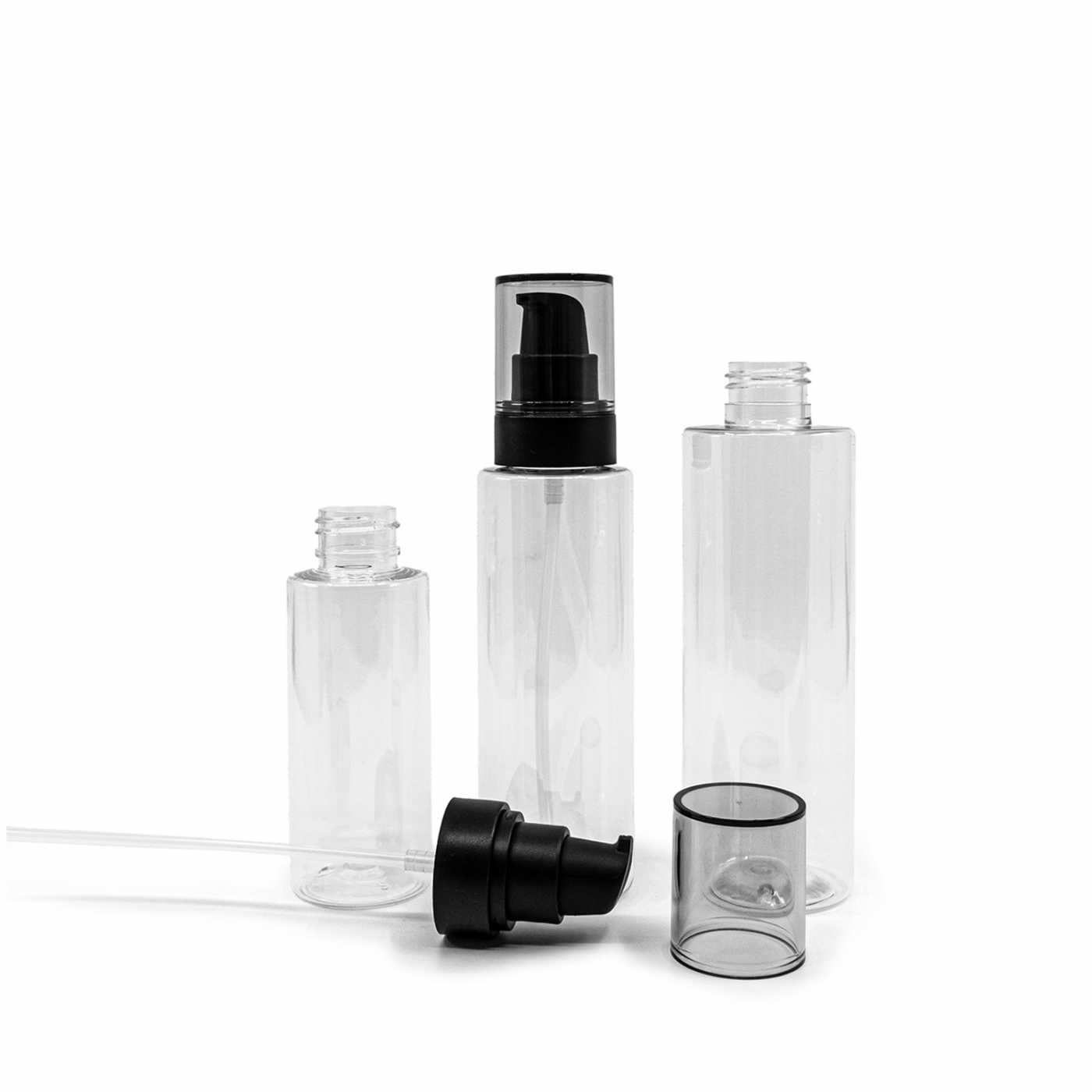 Plastová fľaša, priehľadná, čierny dávkovač s dymovým krytom, 150 ml