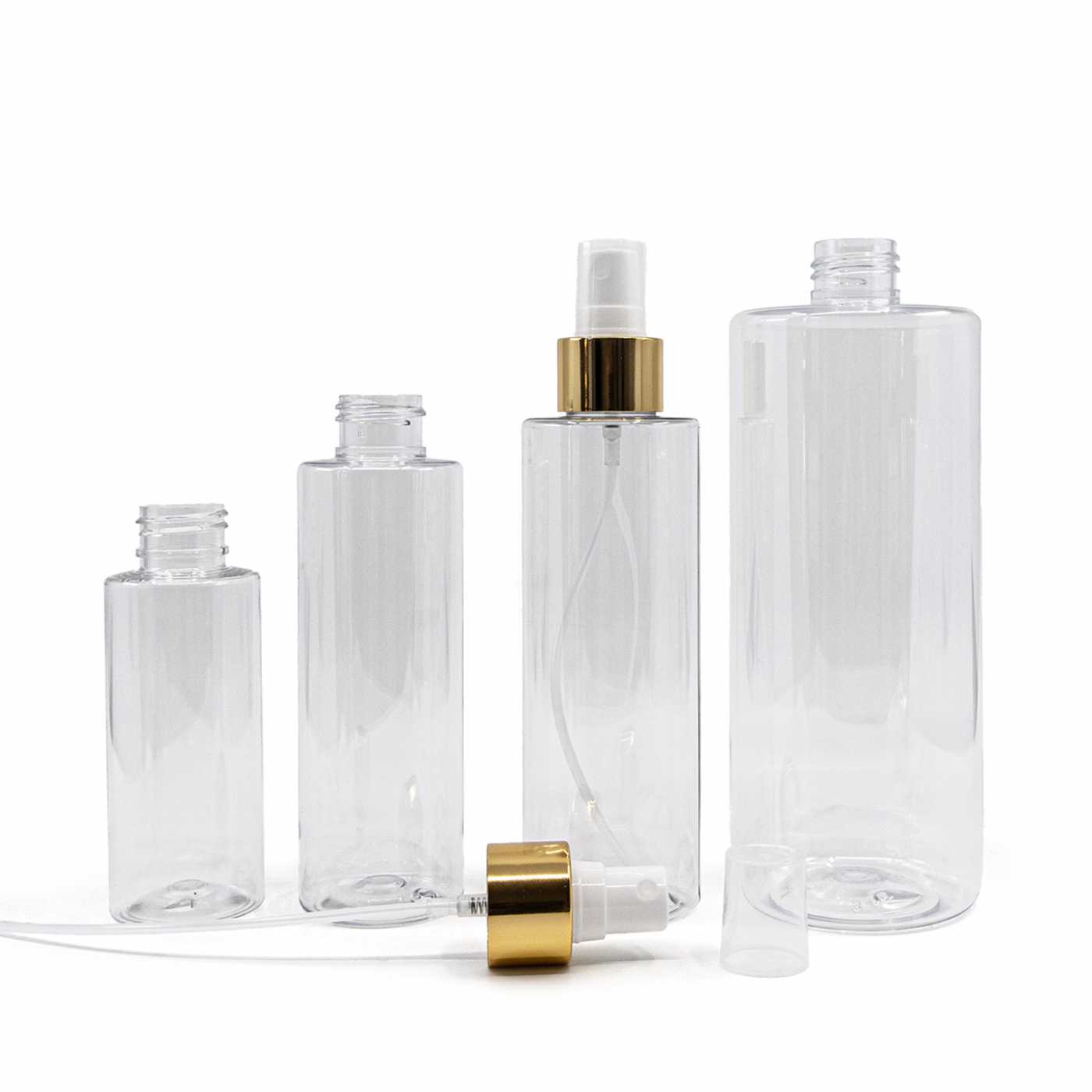 Plastová fľaša priehľadná, biely rozprašovač, zlatá lesklá obruč, 150 ml
