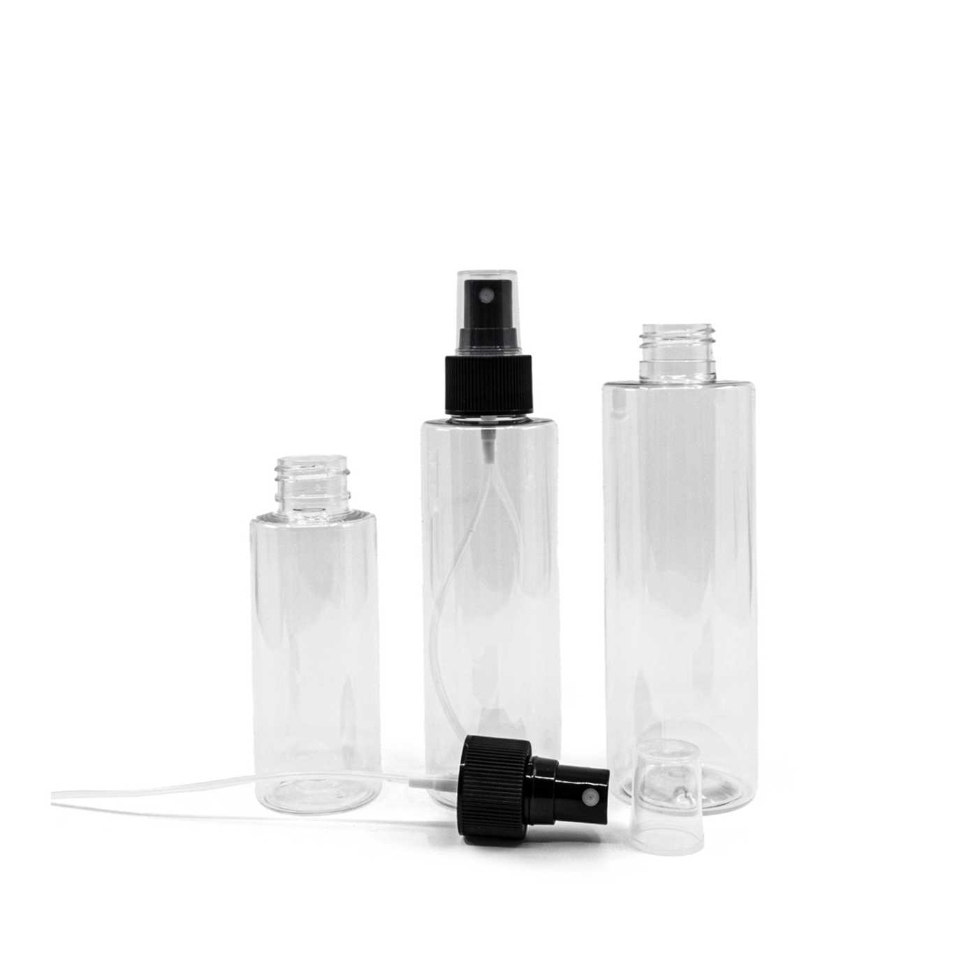 Plastová fľaša, priehľadná, čierny rozprašovač 150 ml