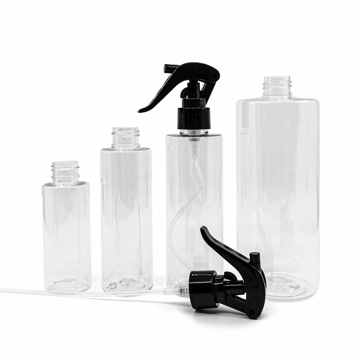 Műanyag palack, átlátszó, fekete pisztolyos szórófej, 150 ml