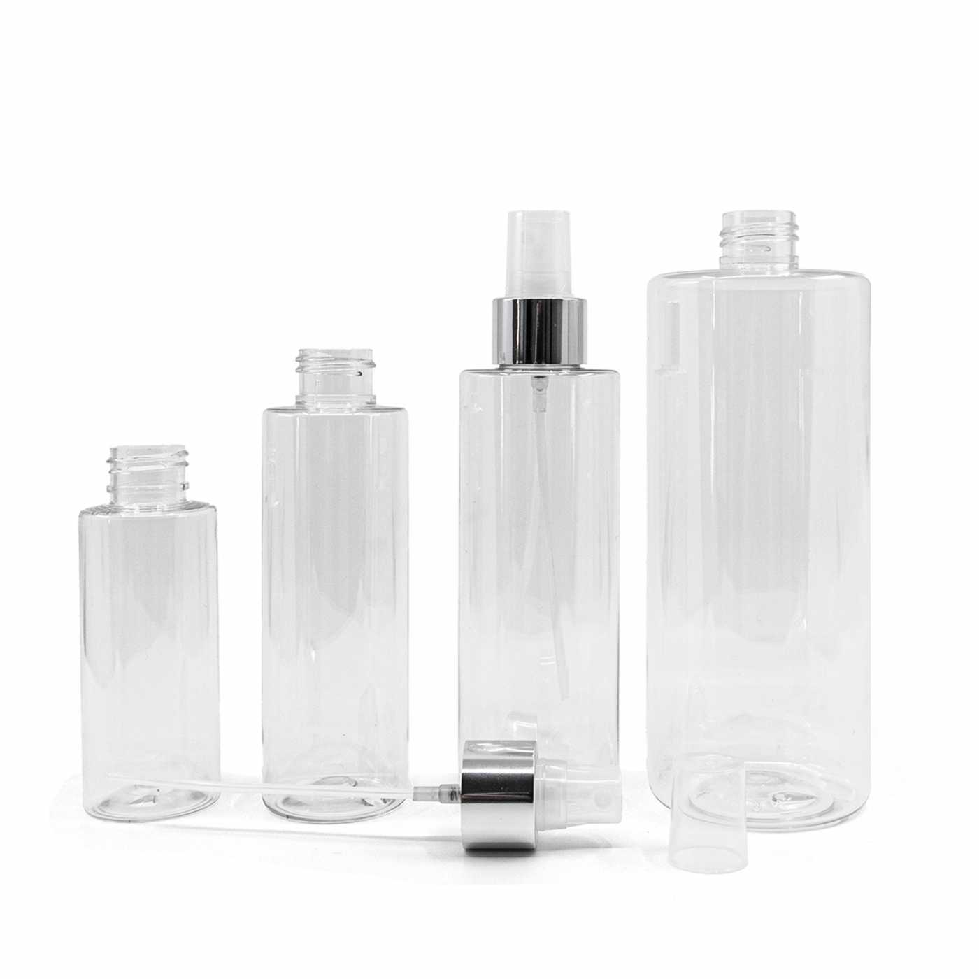 Plastová fľaša, priehľadný rozprašovač, strieborná lesklá obruč, 150 ml