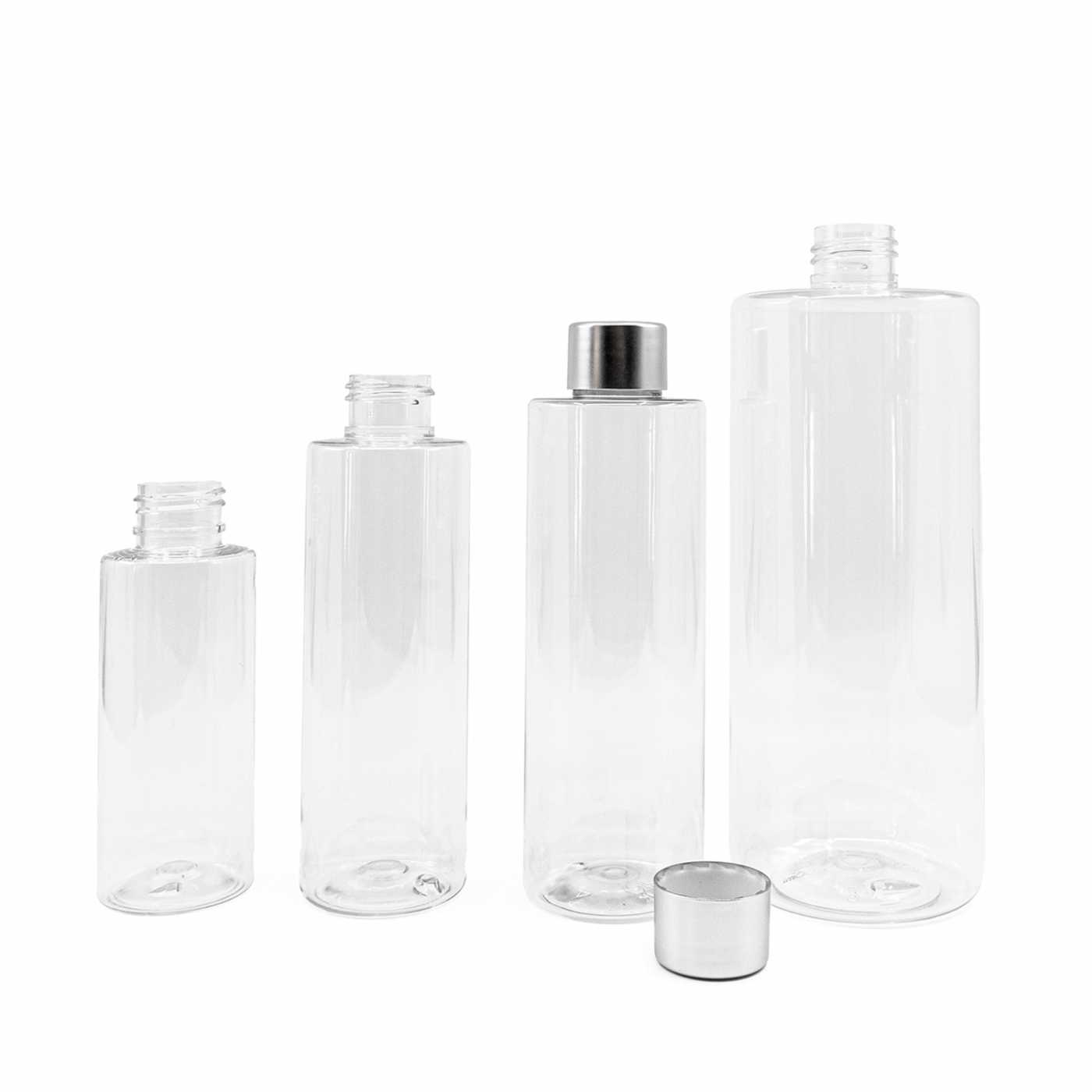 Plastová fľaša priehľadná, strieborný vrchnák, 150 ml