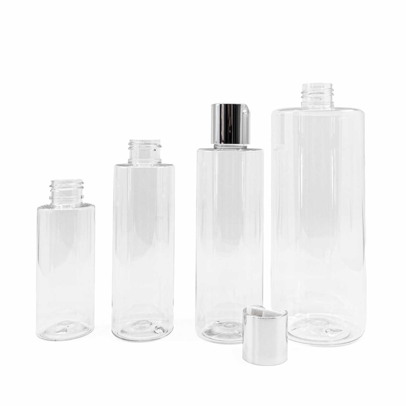 Plastová fľaša priehľadná, strieborný disc top, 150 ml
