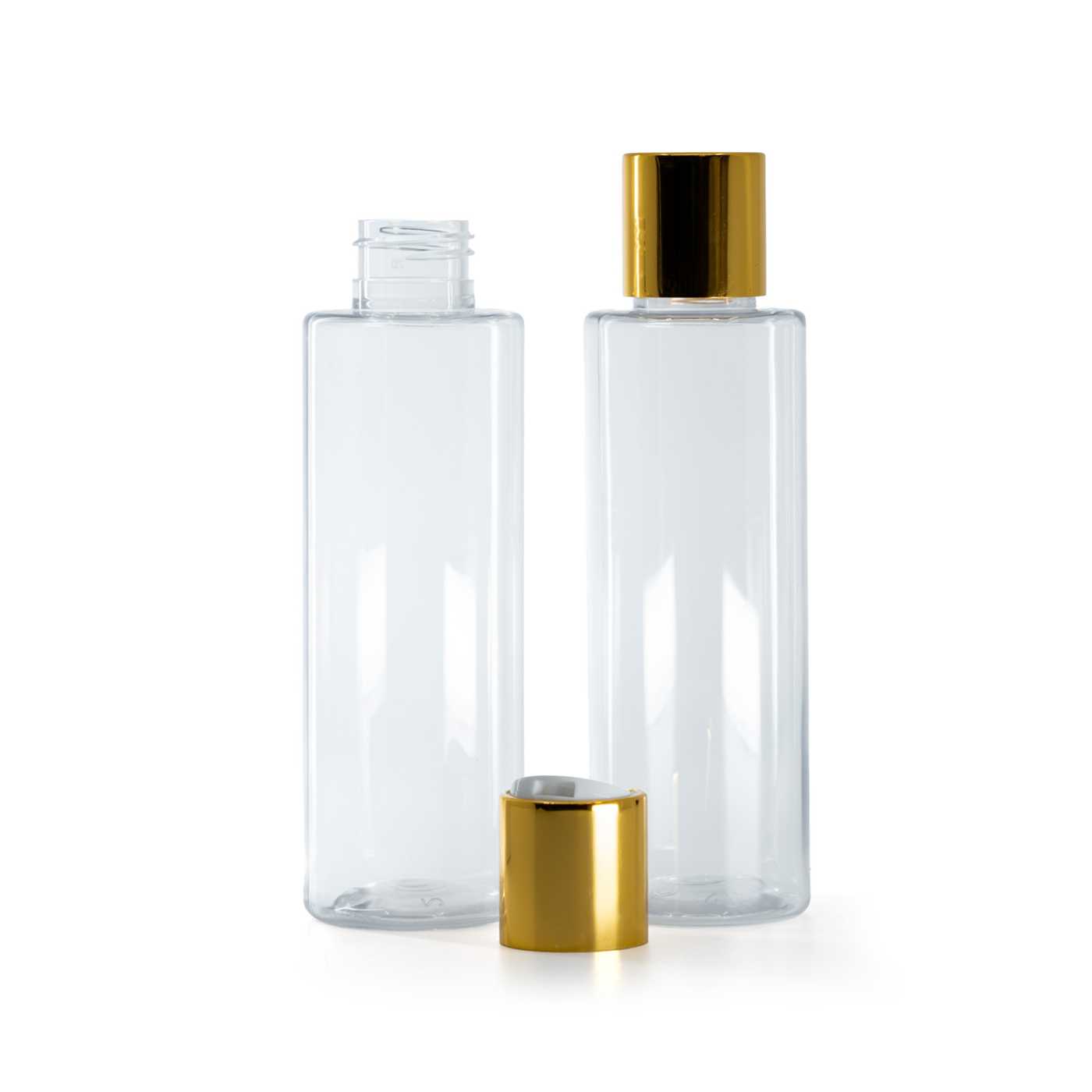 Plastová fľaša priehľadná, disc top vrchnák, zlatý, biely stred, 150 ml