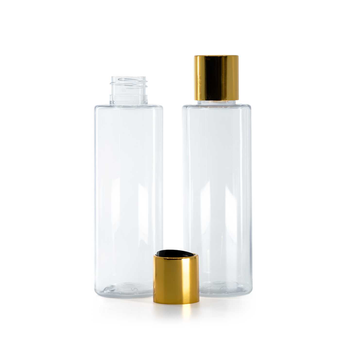 Plastová fľaša priehľadná, disc top vrchnák, zlatý, čierny stred, 150 ml