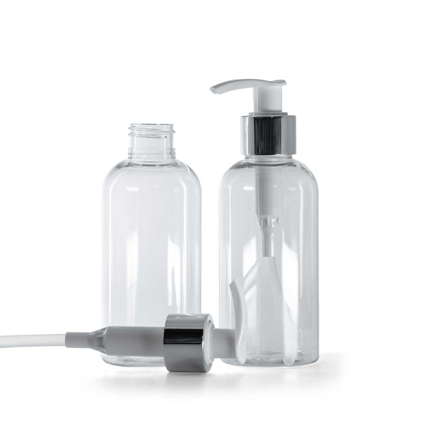 Flacon en plastique transparent, distributeur blanc avec bague argentée, 150 ml