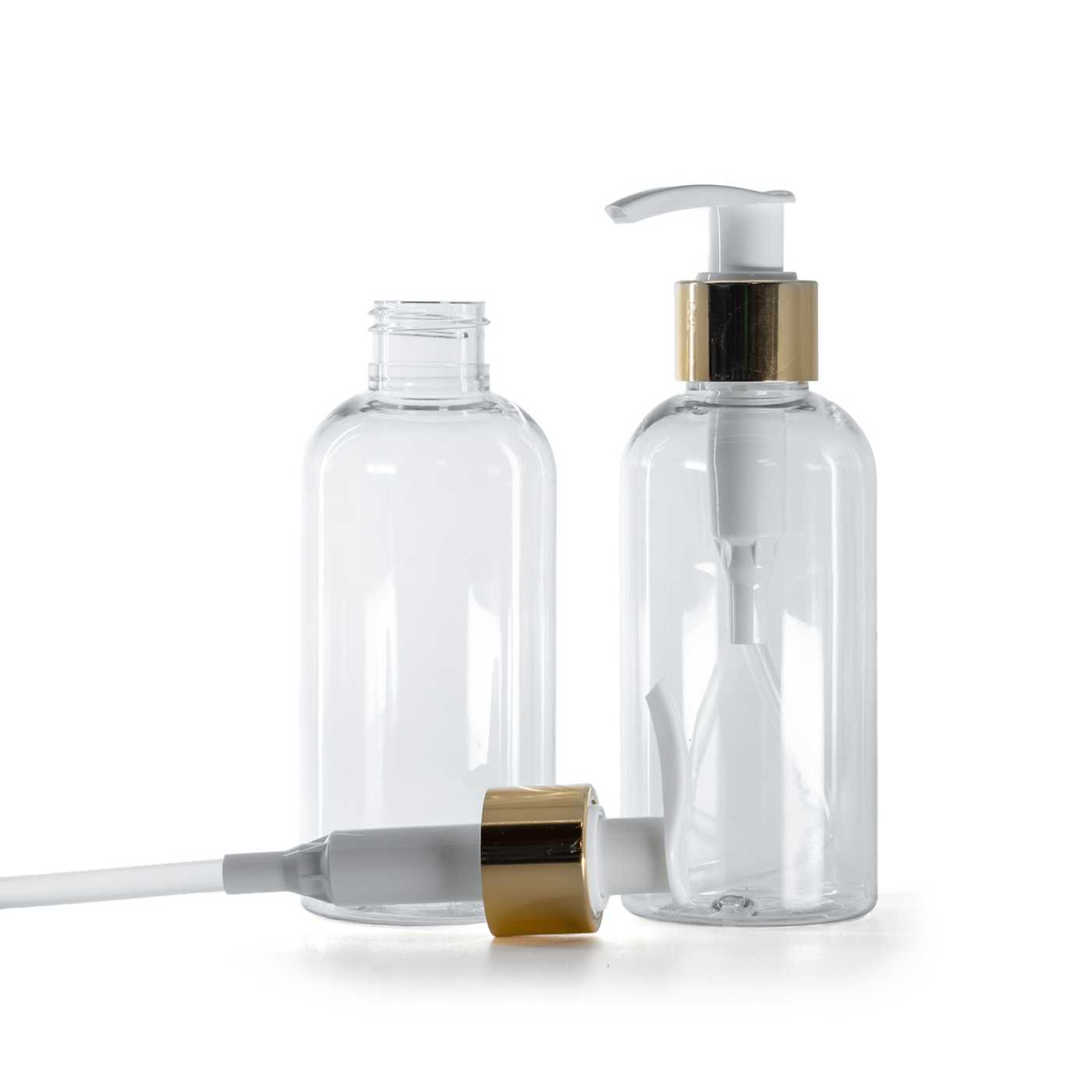 Flacon en plastique transparent, bleu, pompe blanche avec bague dorée brillante, 150 ml