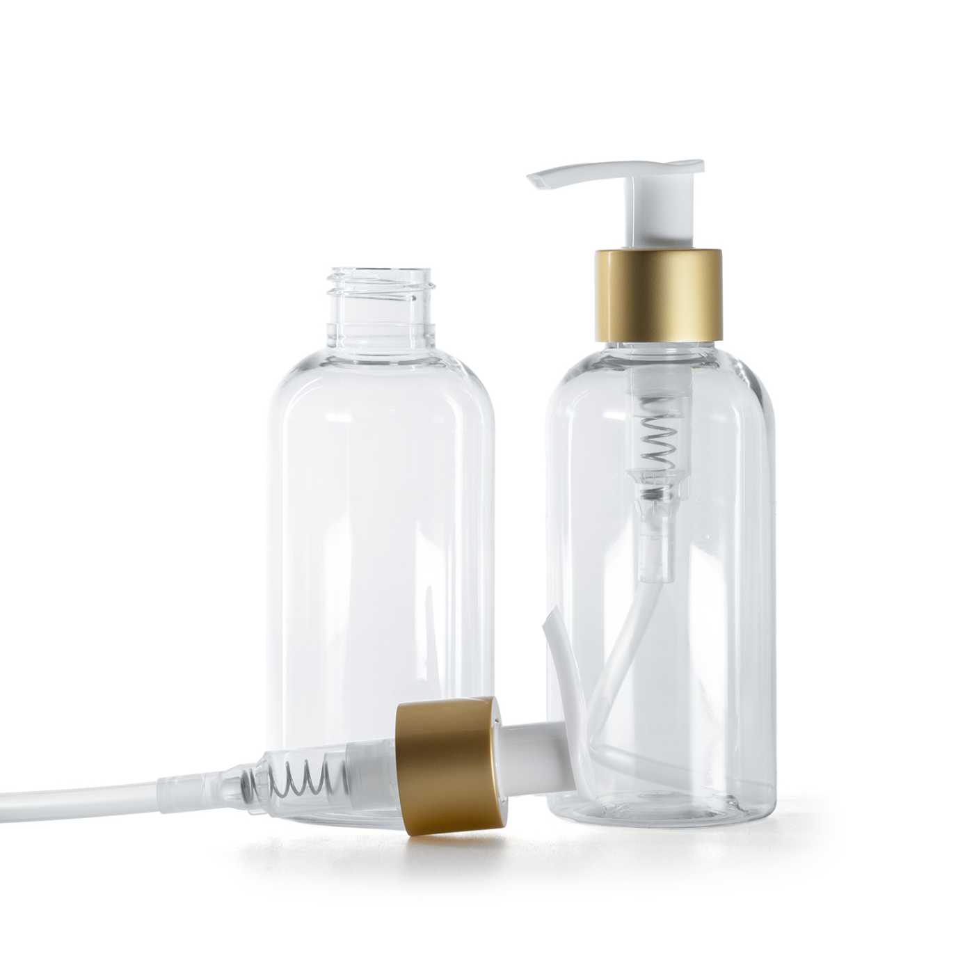 Plastová fľaša priehľadná, okrúhla, bielo-zlatý matný dávkovač, 150 ml