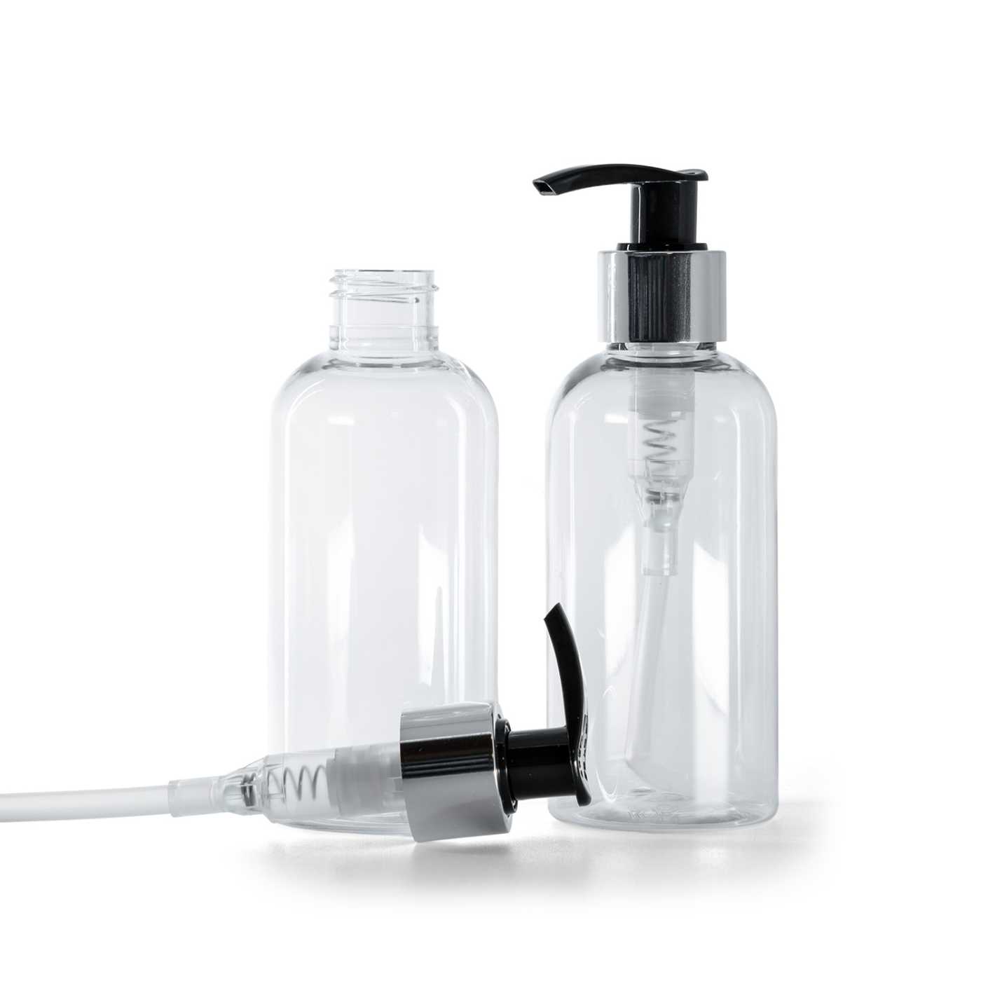 Plastová fľaša priehľadná, okrúhla, čierno-strieborný dávkovač, 150 ml