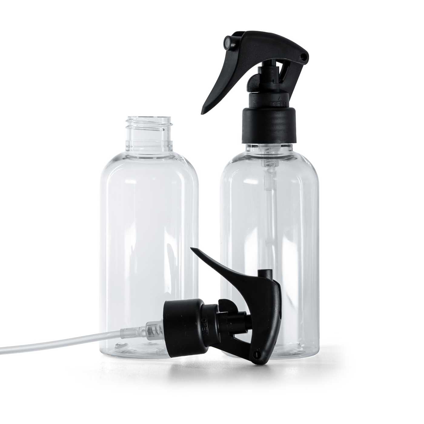 Botella de plástico transparente, pulverizador de gatillo negro mate, anillo liso, redonda, 150 ml
