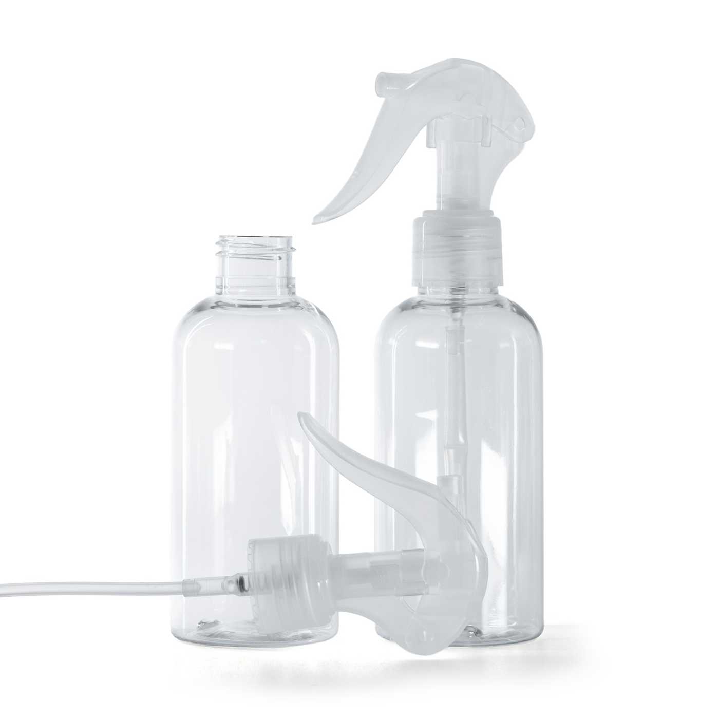 Átlátszó műanyag palack, kerek, átlátszó pisztolyos szórófej, 150 ml