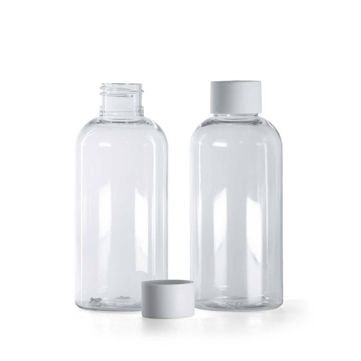 Flacon en plastique transparent, bouchon blanc mat, 150 ml