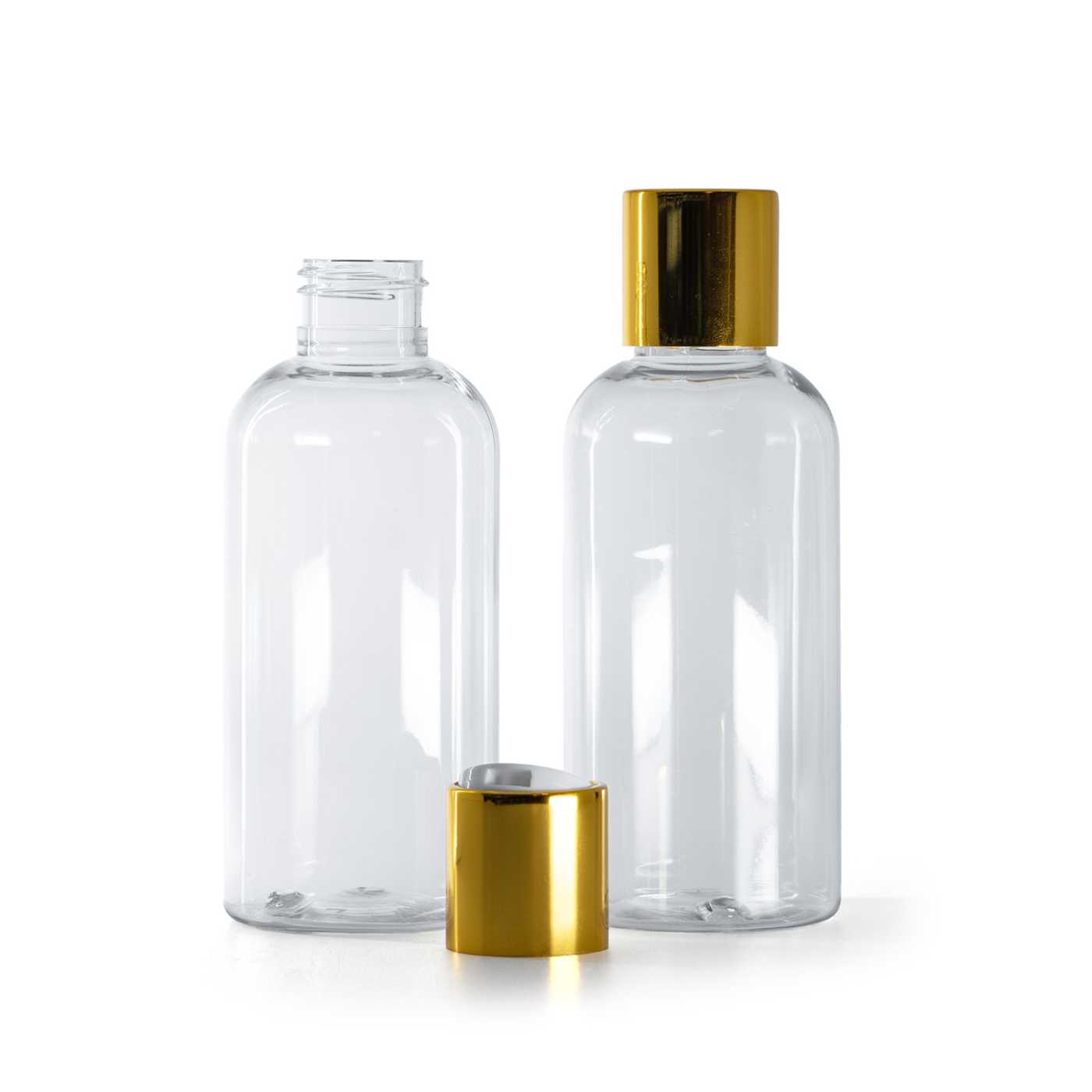 Flacon en plastique transparent rond, bouchon disc-top blanc avec bague en aluminium doré, 150 ml