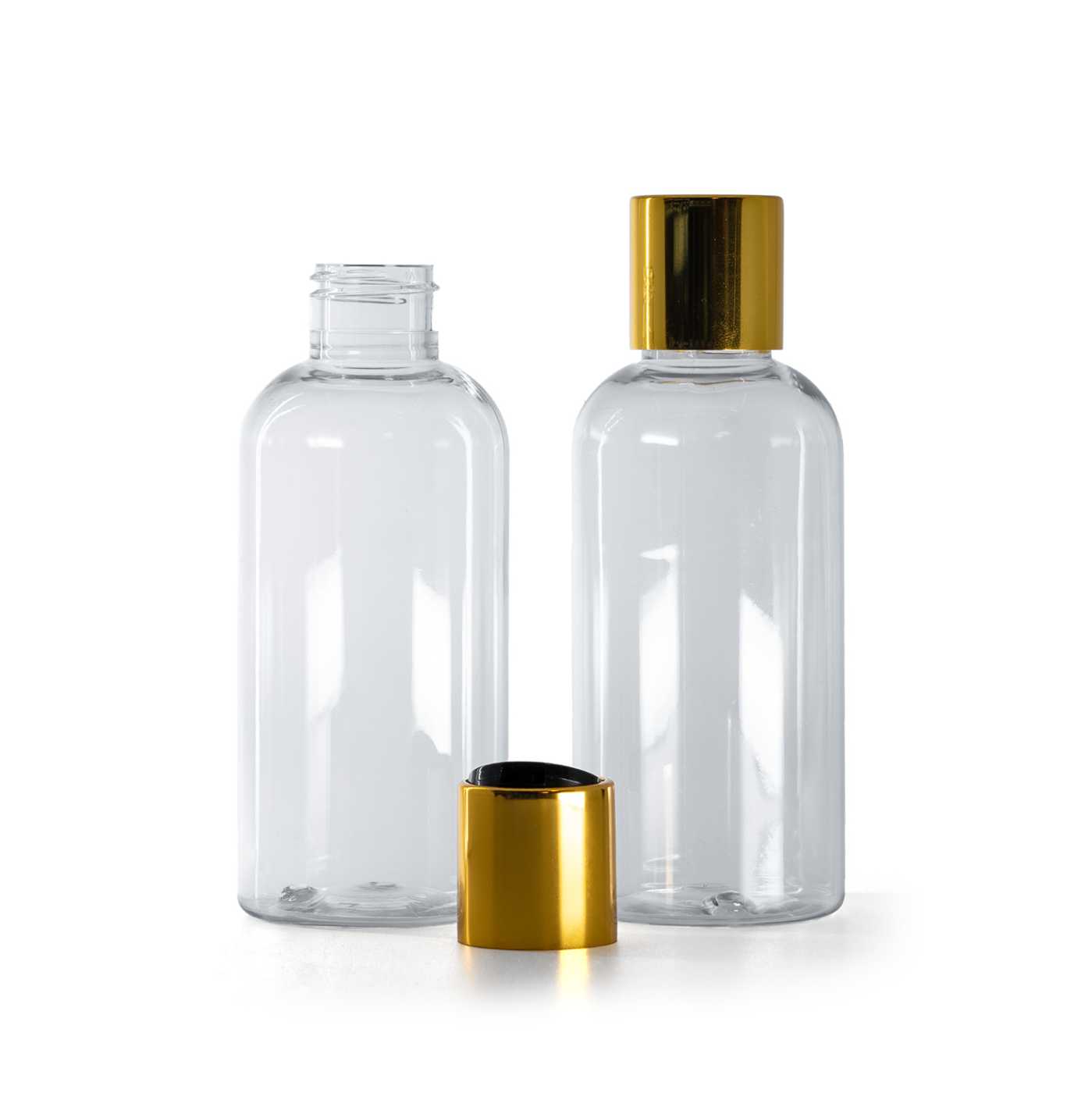 Flacon en plastique transparent, 150 ml, bouchon disc-top doré avec centre noir