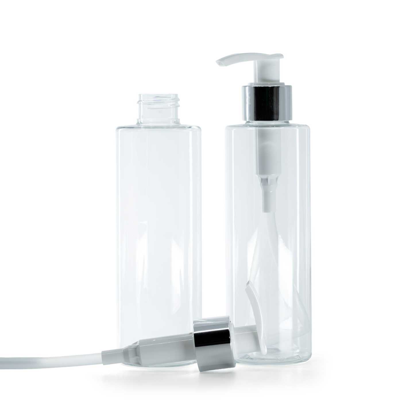 Plastová fľaša priehľadná, bielo-strieborný dávkovač, 200 ml