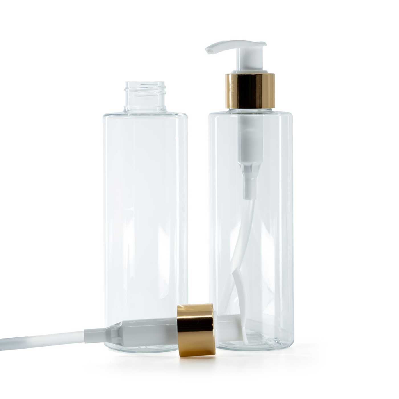 Plastová fľaša priehľadná, bielo-zlatý dávkovač, 200 ml
