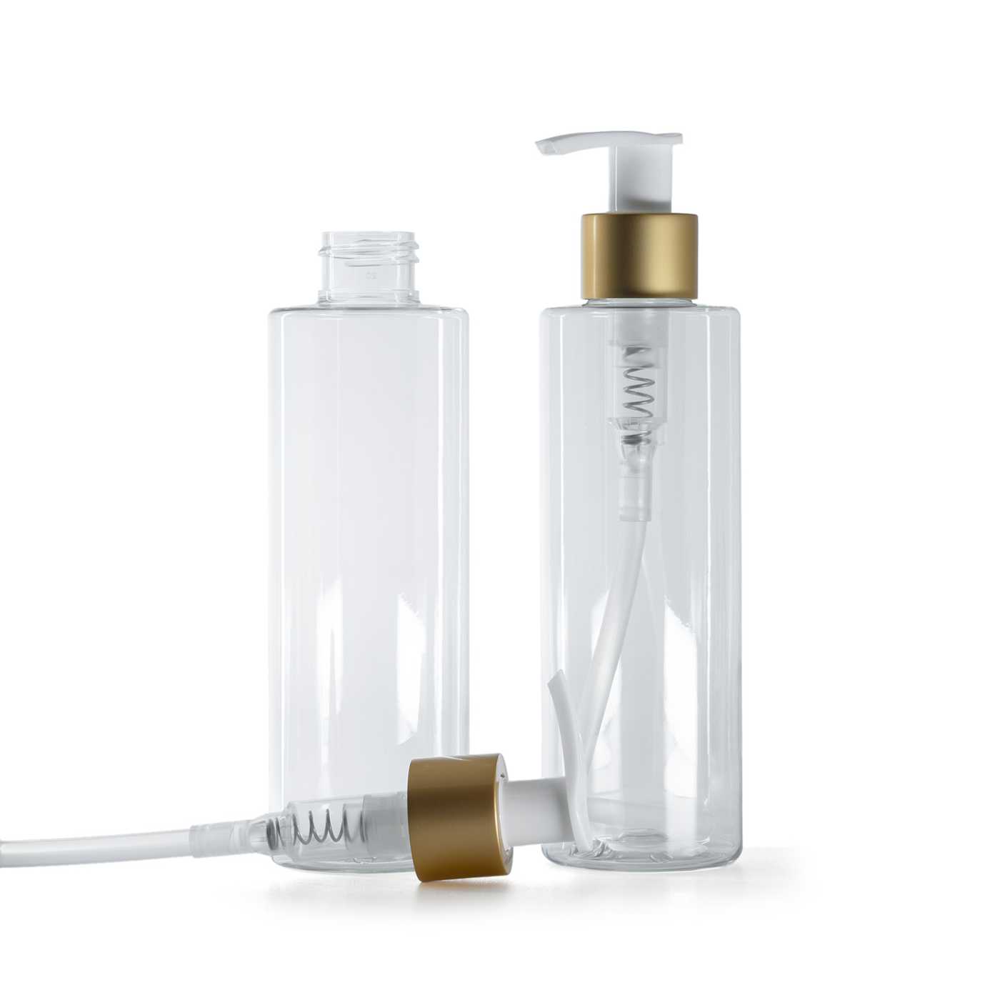 Plastová fľaša priehľadná, bielo-zlatý matný dávkovač, 200 ml
