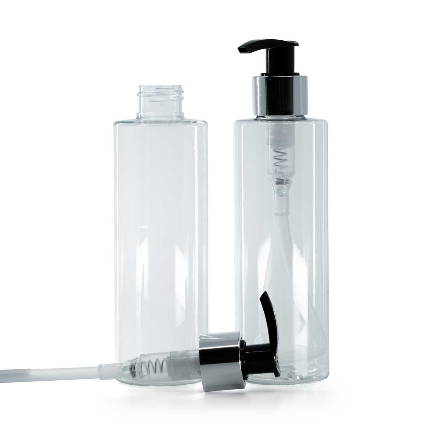 Plastová fľaša priehľadná, čierno-strieborný dávkovač, 200 ml