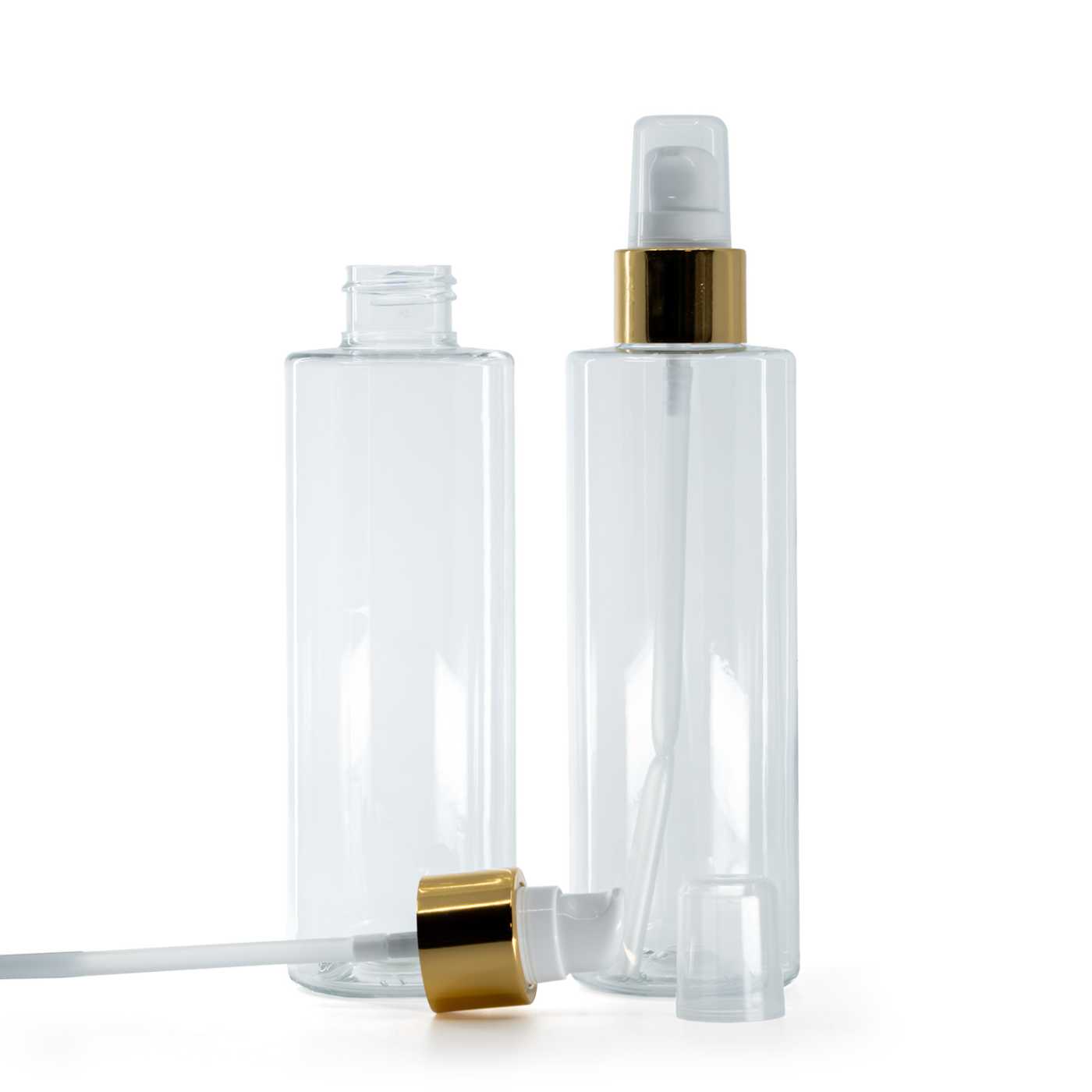 Plastová fľaša priehľadná, dávkovač s krytkou, bielo-zlatý, 200 ml