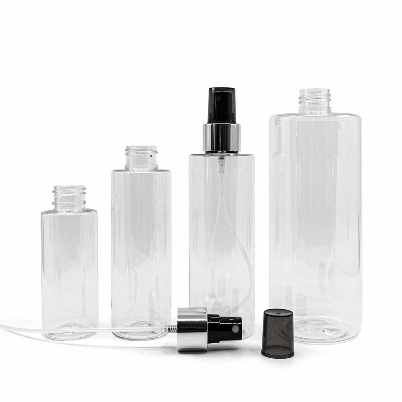 Plastová fľaša priehľadná, rozprašovač čierny, strieborná lesklá obruč, 200 ml
