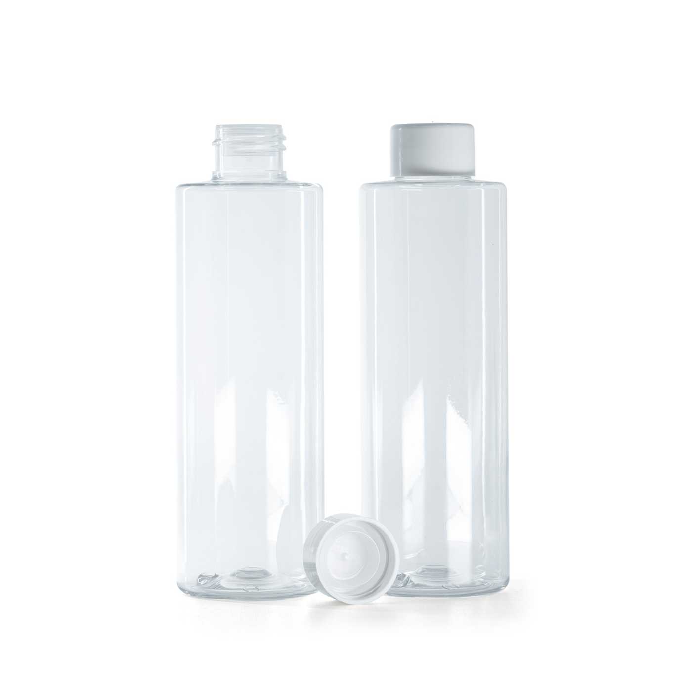 Plastová fľaša, priehľadná, vrchnák hladký biely s redukciou, 200 ml