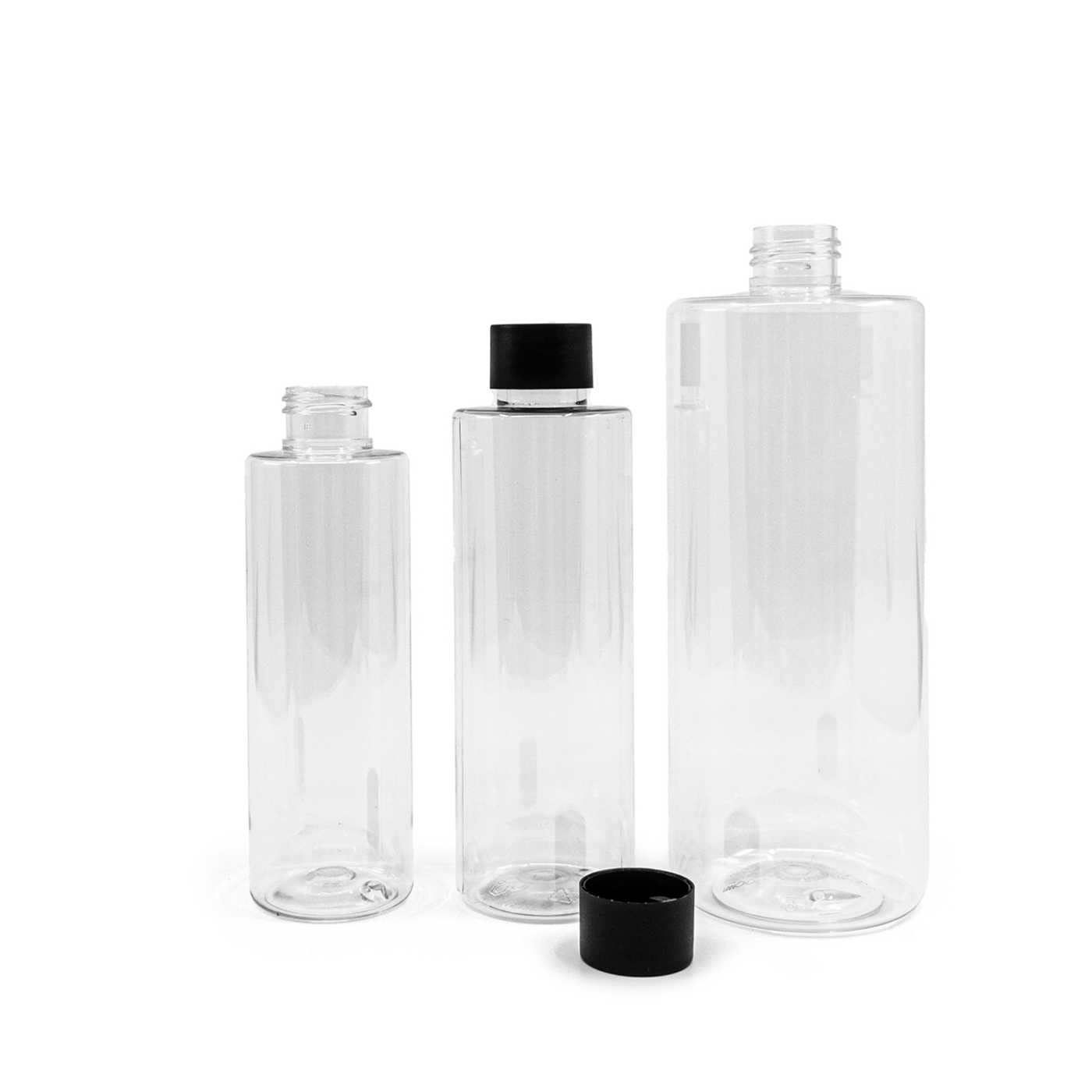 Plastová fľaša, priehľadná, 24/410, matný čierny vrchnák, 200 ml
