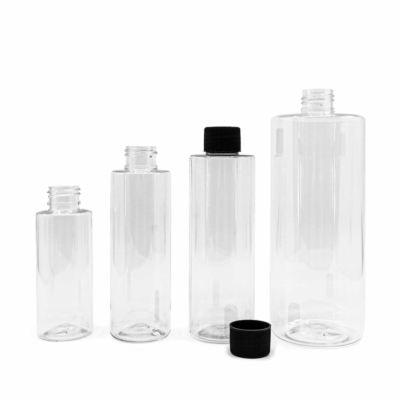 Plastová fľaša, priehľadná, čierny vrúbkovaný vrchnák, 200 ml