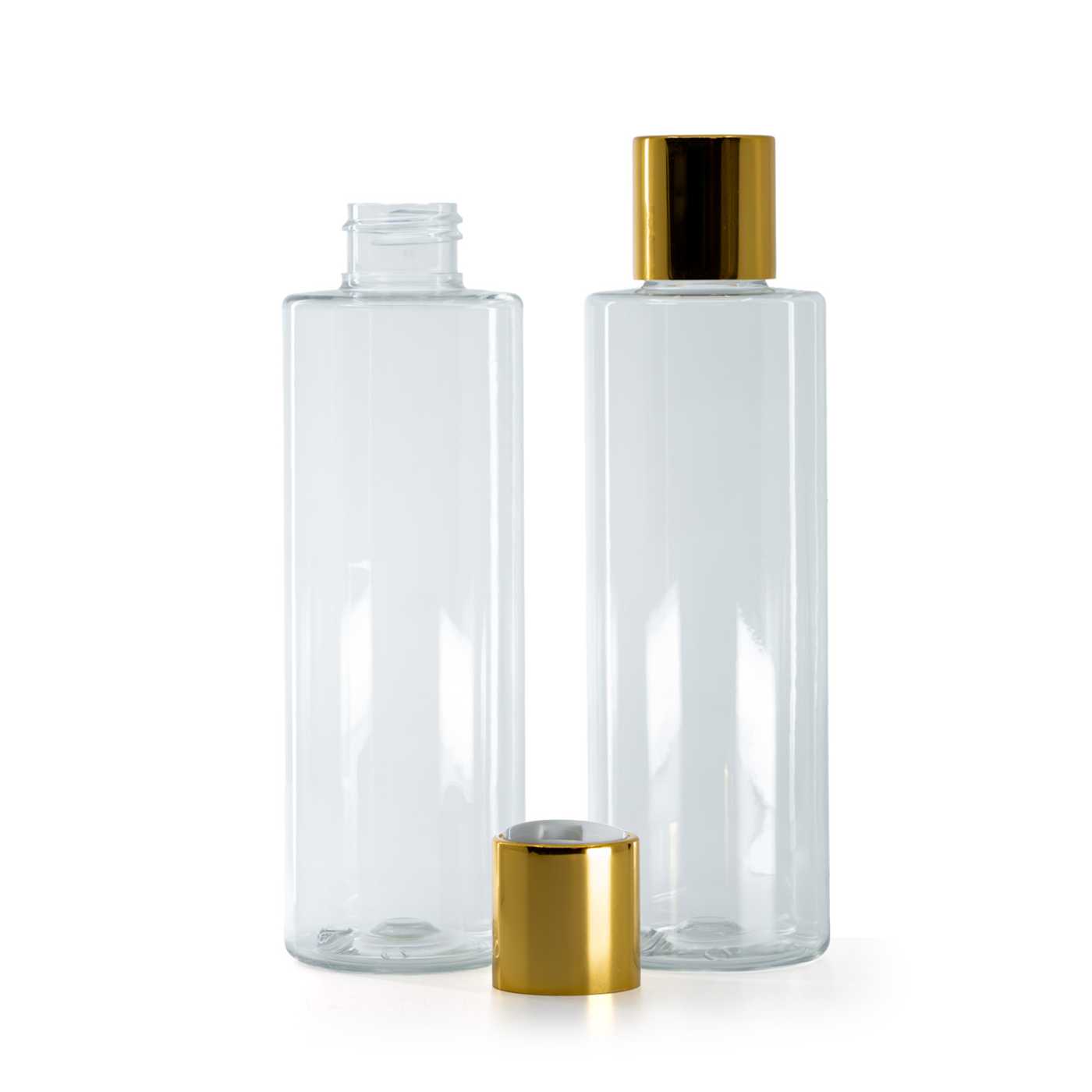 Plastová fľaša priehľadná, disc top vrchnák, zlatý, biely stred, 200 ml