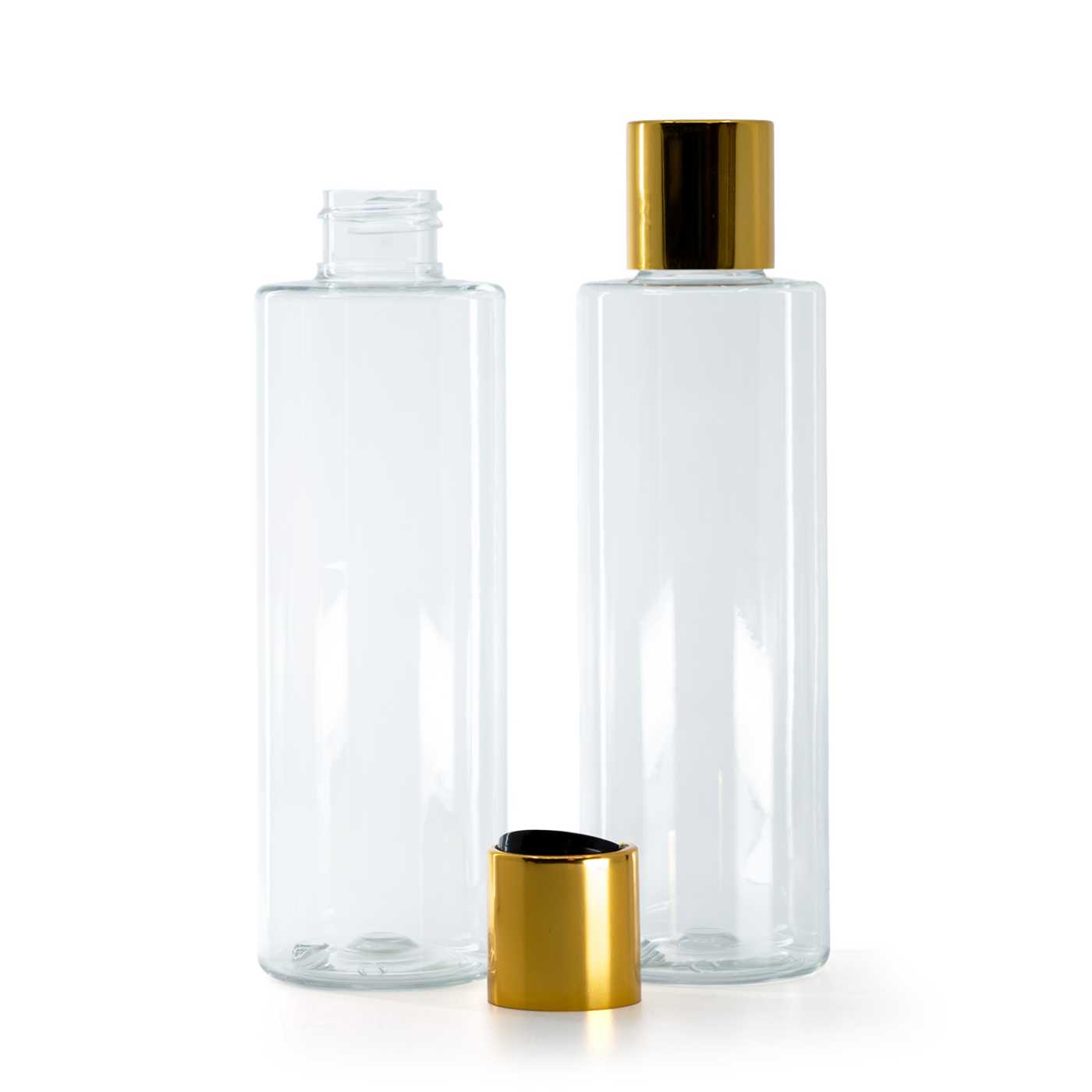 Plastová fľaša priehľadná, disc top vrchnák, zlatý, čierny stred, 200 ml