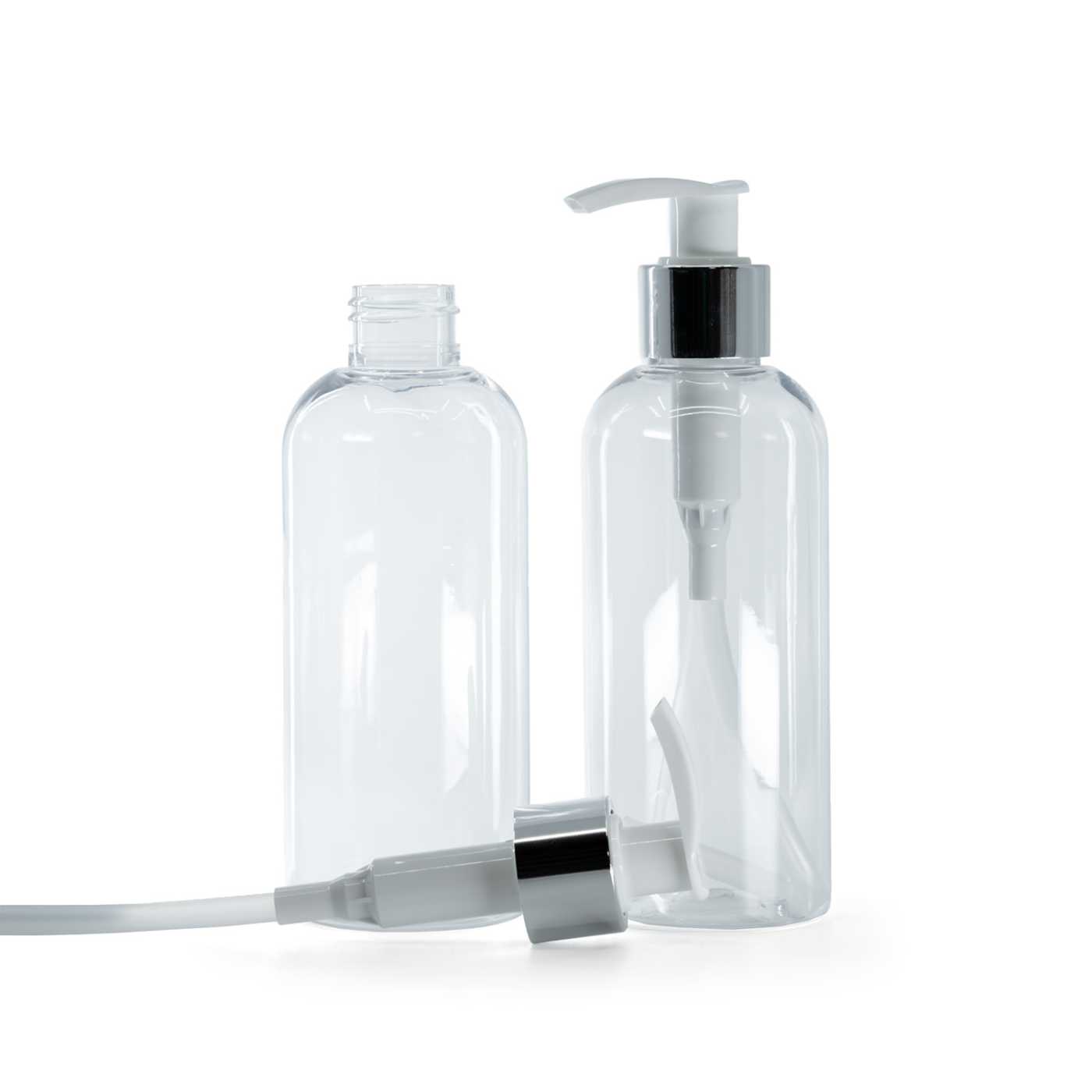 Flacon en plastique transparent, pompe blanche avec bague argentée brillante, 200 ml