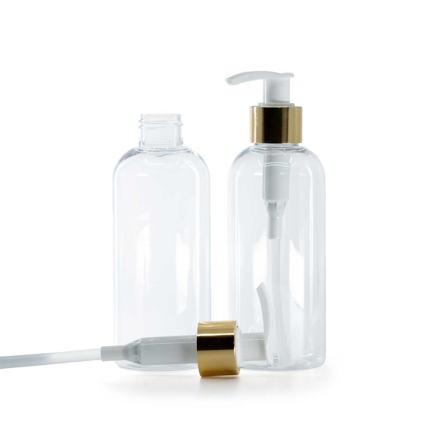 Butelka plastikowa przezroczysta okrągła, biało-złoty dozownik, 200 ml