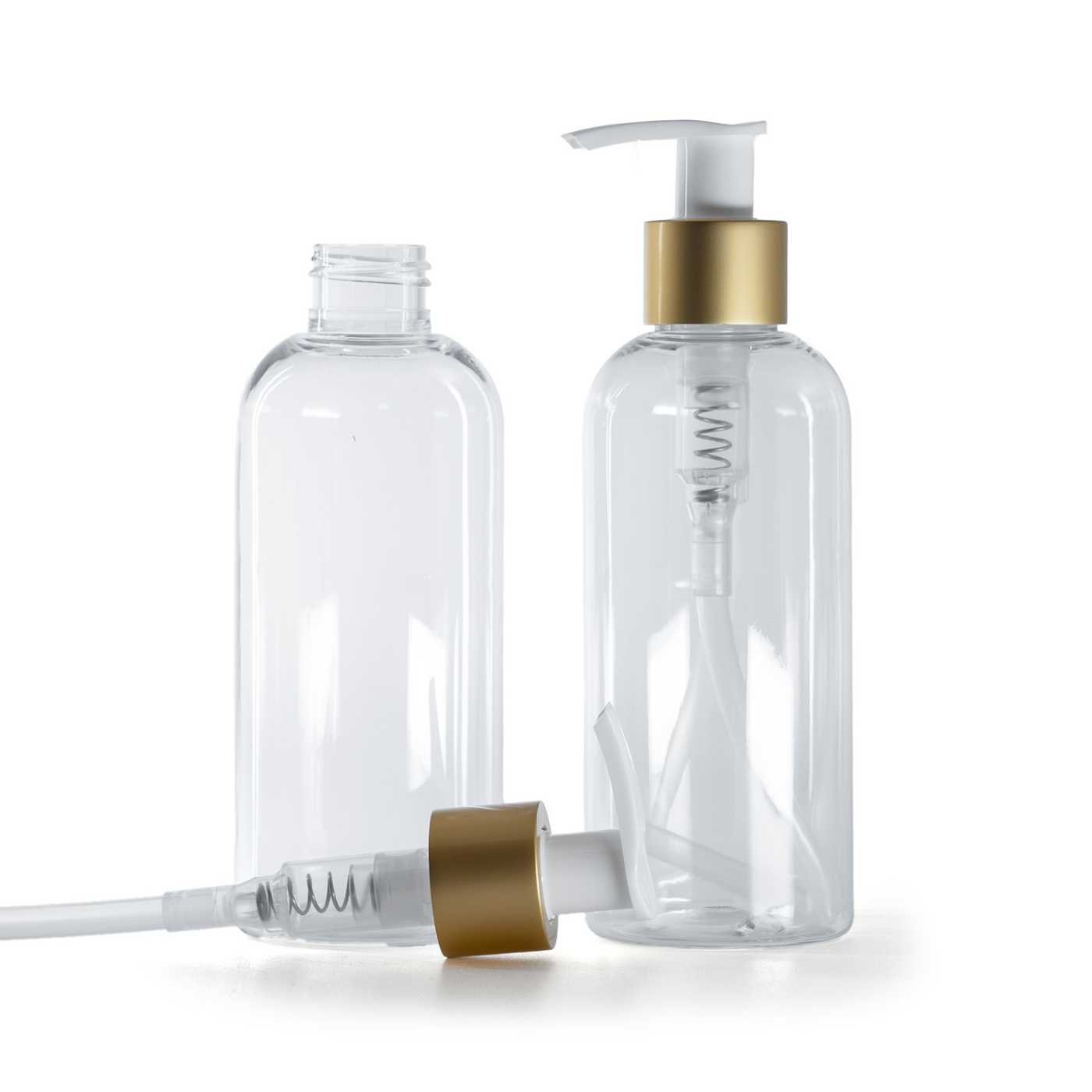Plastová fľaša priehľadná, okrúhla, bielo-zlatý matný dávkovač, 200 ml