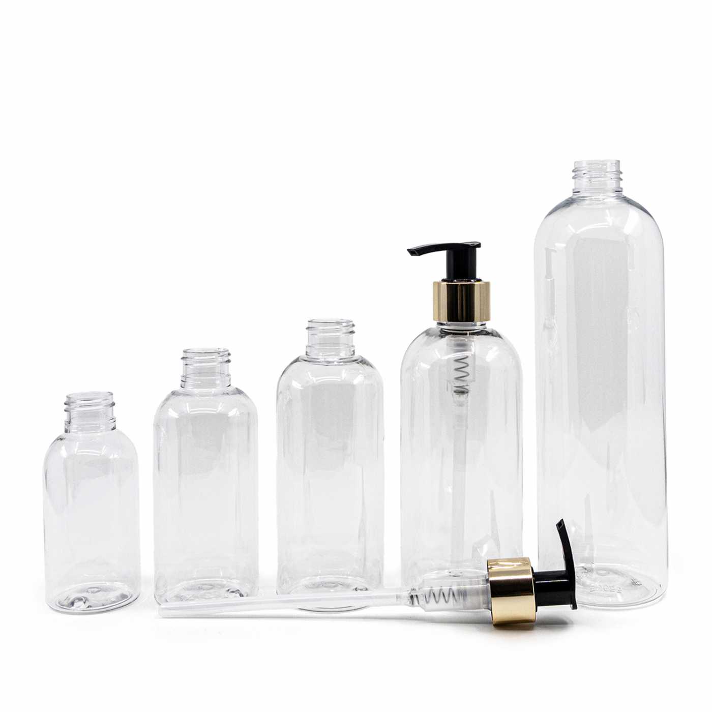 Plastová fľaša priehľadná okrúhla, dávkovač zlatý 200 ml