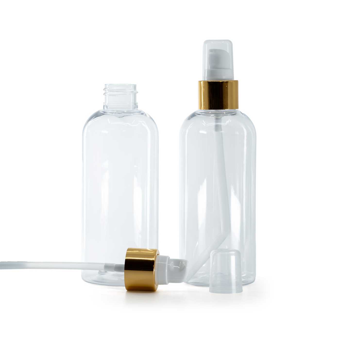 Butelka plastikowa przezroczysta, okrągła, dozownik z nakładką, biało-złoty, 200 ml