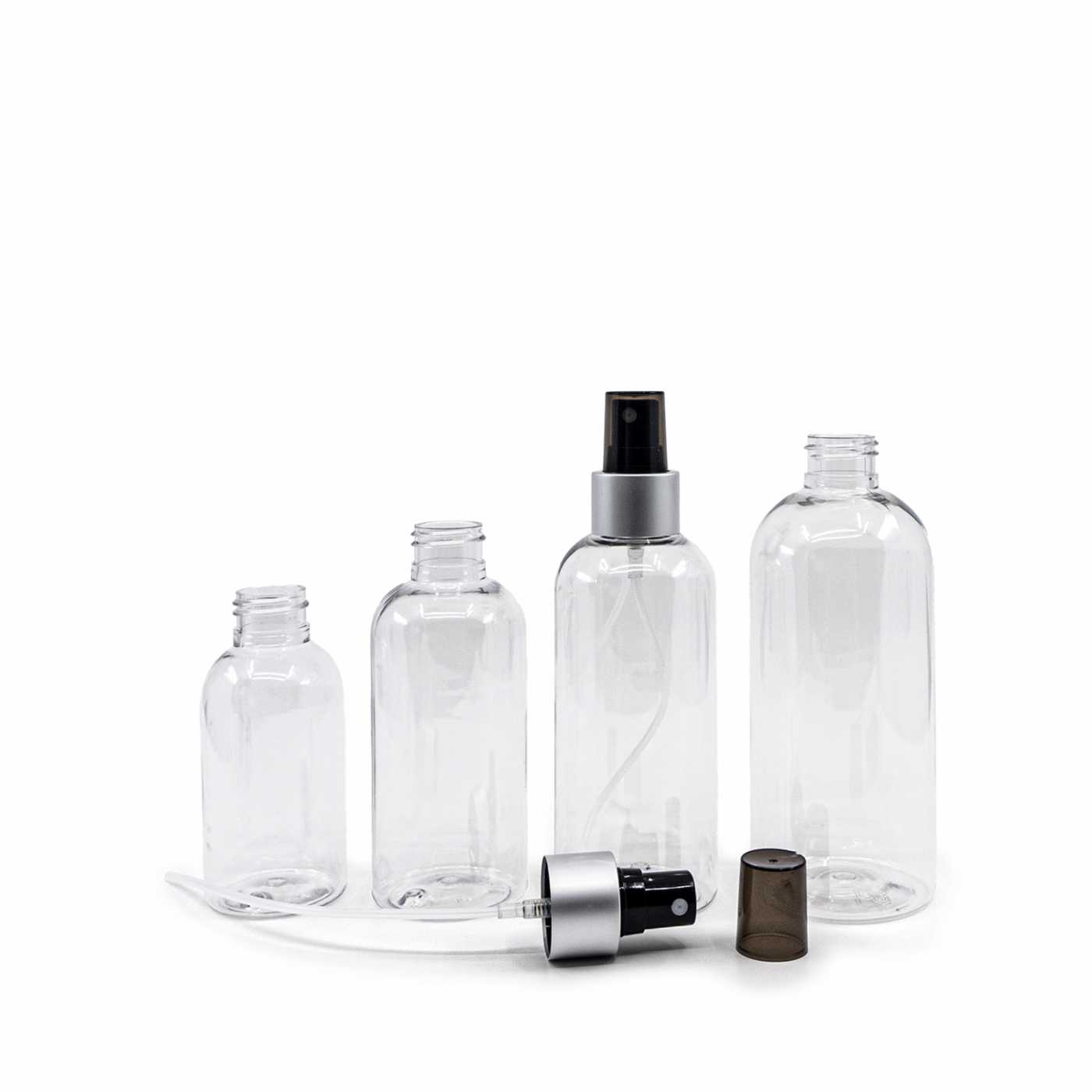 Plastová fľaša priehľadná okrúhla, rozprašovač čierny, strieborná matná obruč, 200 ml