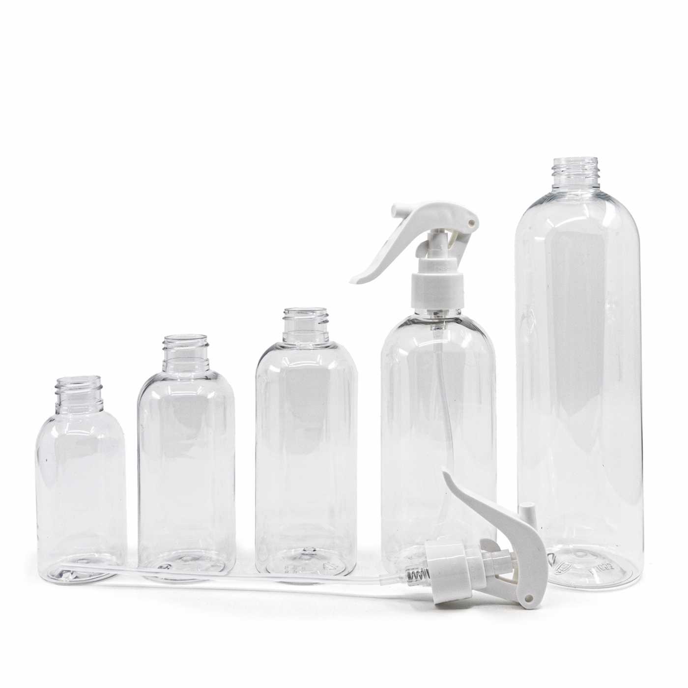 Botella de plástico transparente, pulverizador de gatillo blanco, redonda, 200 ml