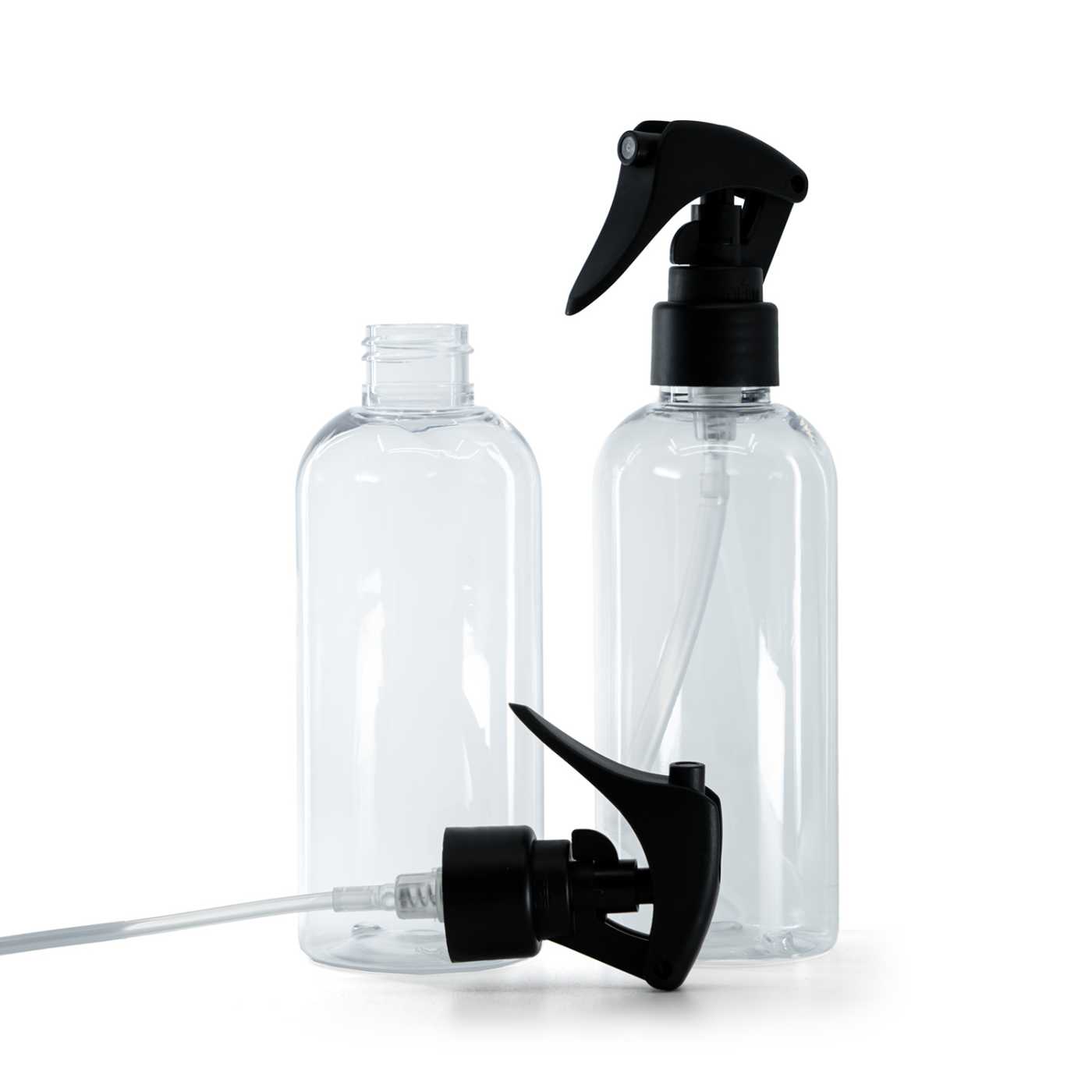 Botella de plástico transparente, pulverizador de gatillo negro mate, anillo liso, redonda, 200 ml