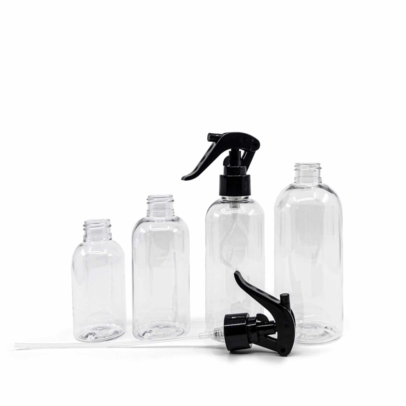 Botella de plástico transparente, pulverizador de gatillo negro, redonda, 200 ml