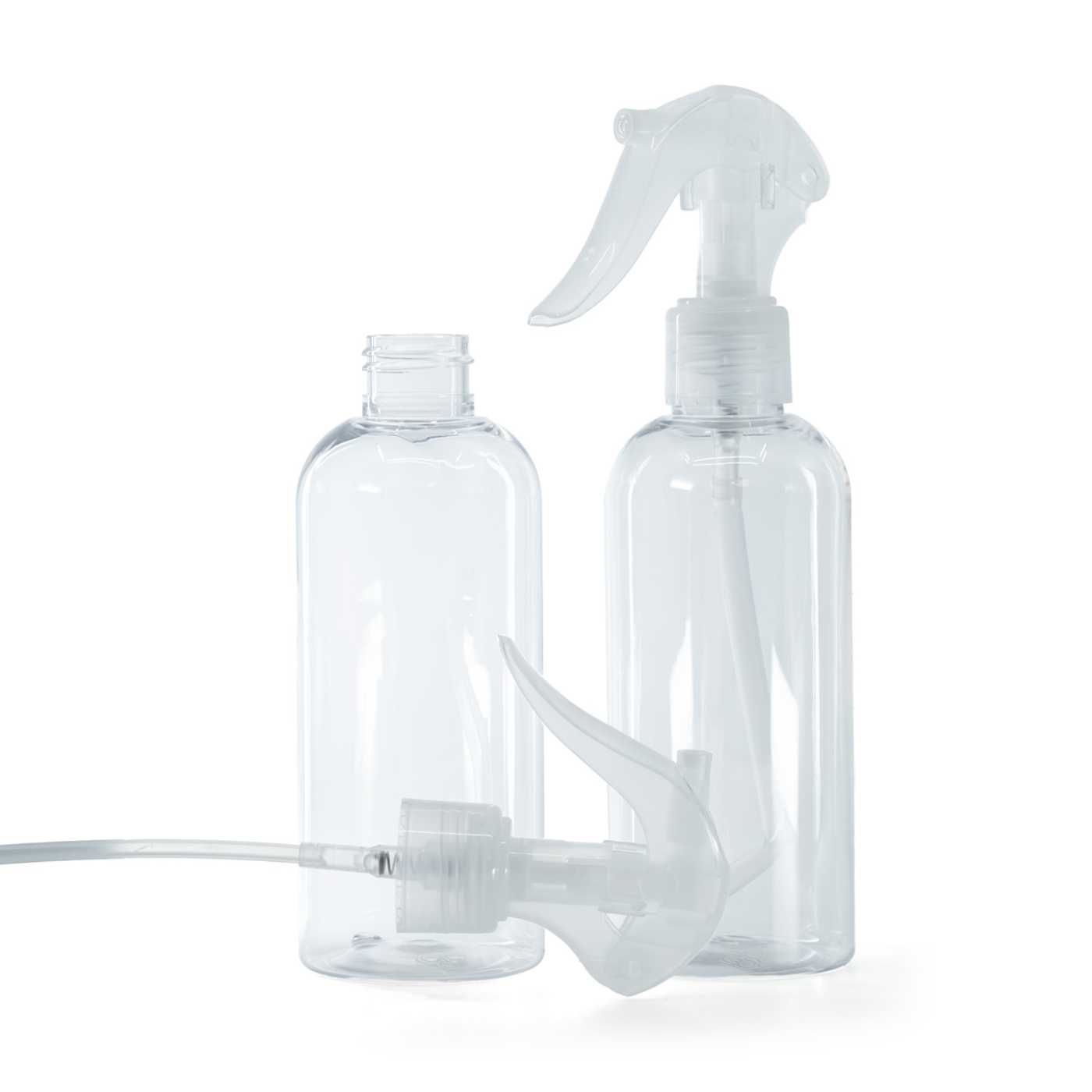 Műanyag palack, átlátszó, kerek, átlátszó pisztolyos szórófej, 200 ml