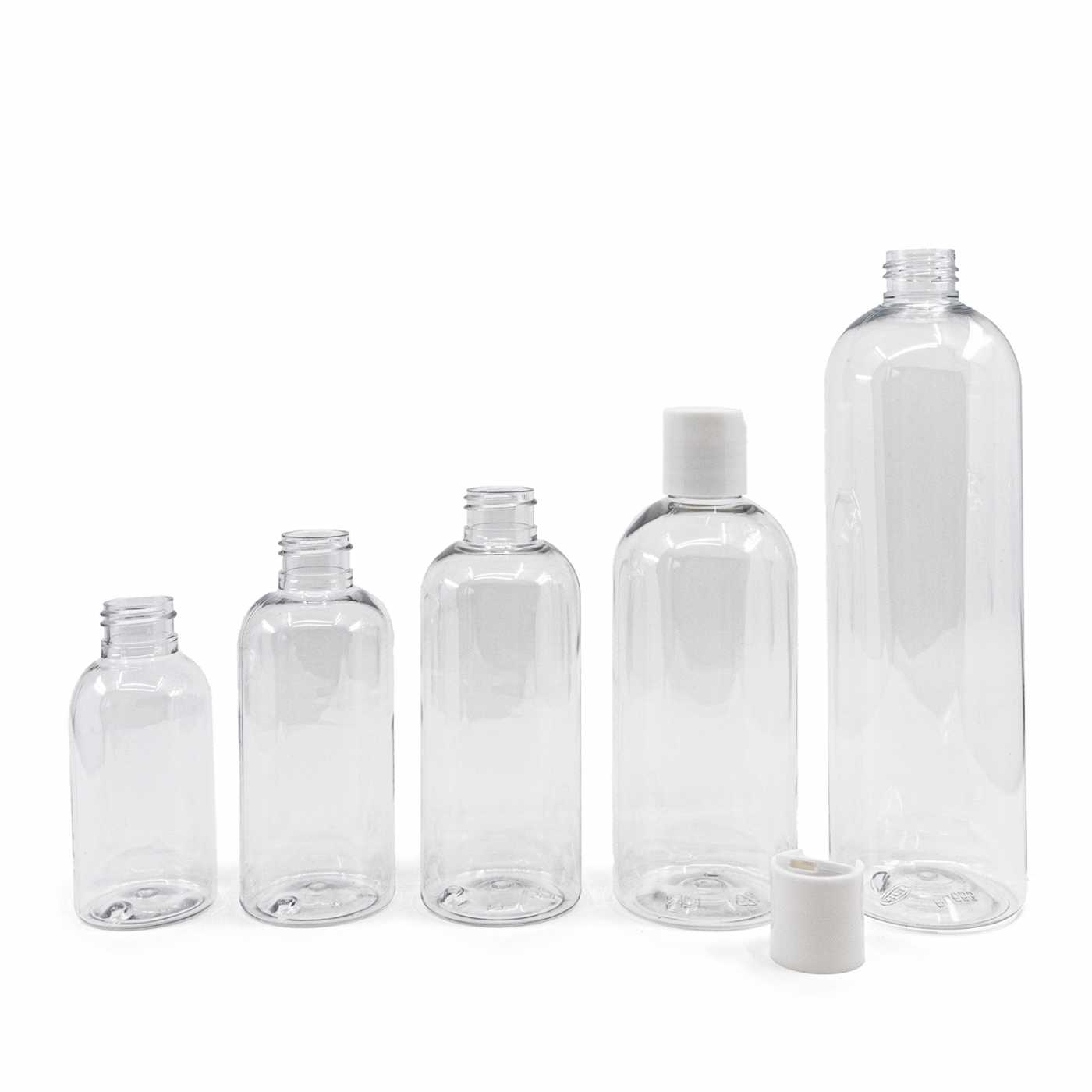 Plastová fľaša priehľadná okrúhla, disc top biely, 200 ml