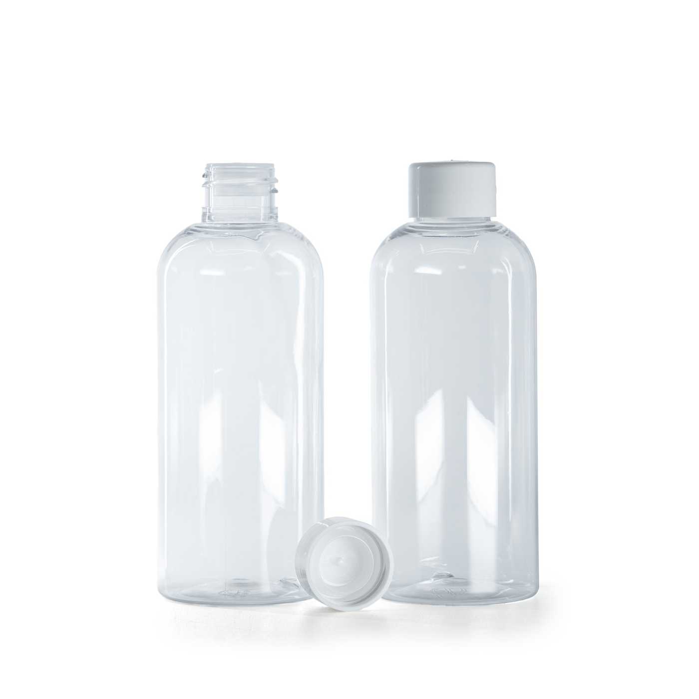 Botella de plástico transparente, 200 ml, tapón blanco liso con reductor